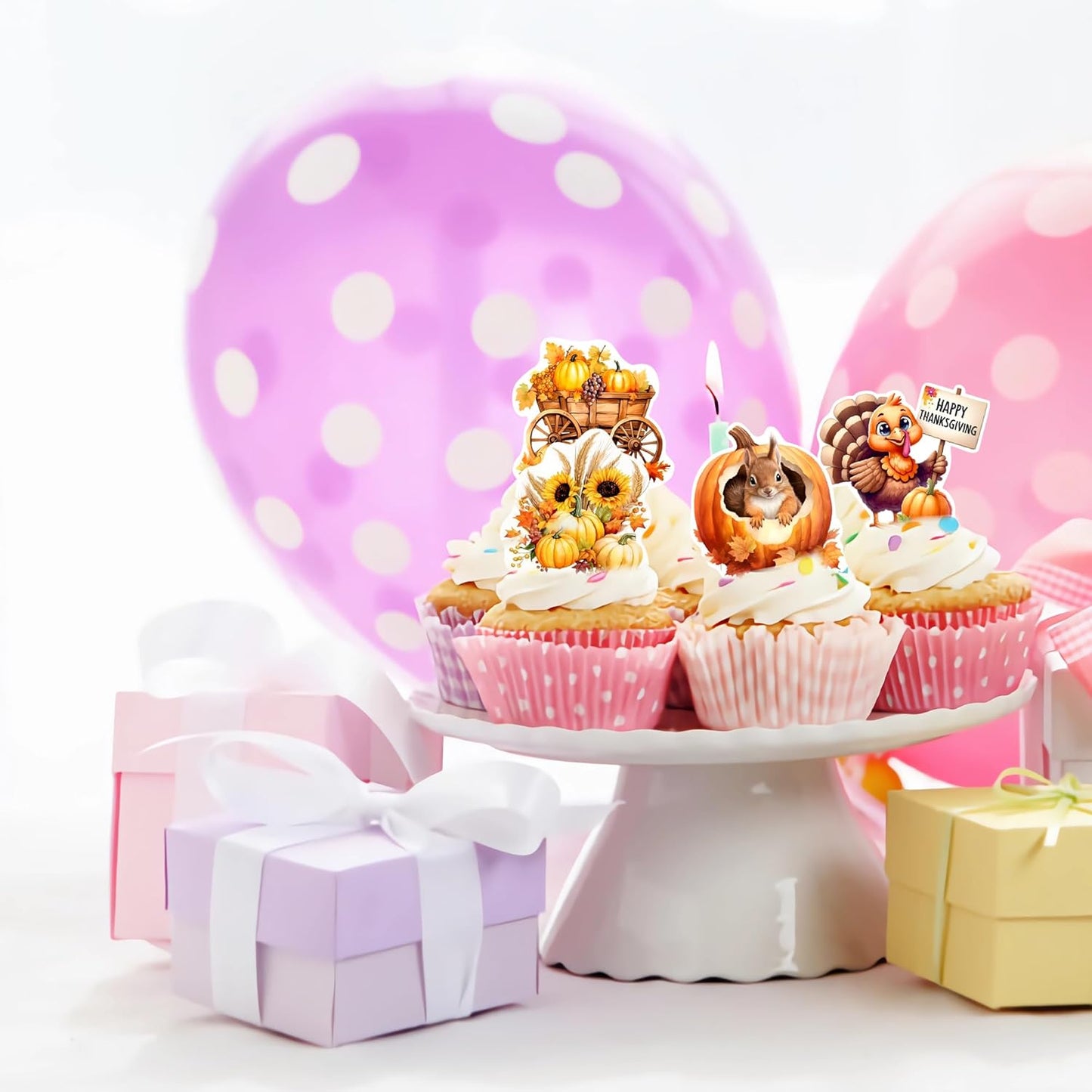 40 PCS Edible Wafer Paper Turkey Pumpkin Fall Theme Cake Picks Autumn Decorations for Thanksgiving Party