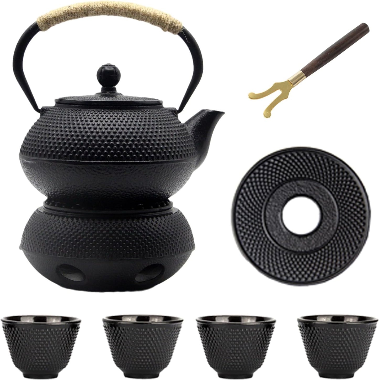 Japanese Tetsubin Tea Kettle Set with Cups, Cast Iron Teapot with Stainless Steel Infuser and Enameled Interior (900ml)