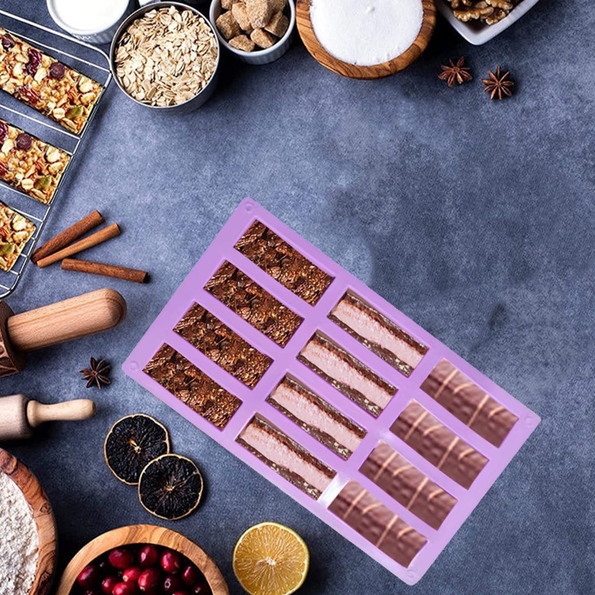 3Pcs oat bar mold - 12rectangle silicone molds - Chocolate silicone mold for baking candies/energy bars, cheesecake, dried fruit cereal cookies (3, purple)