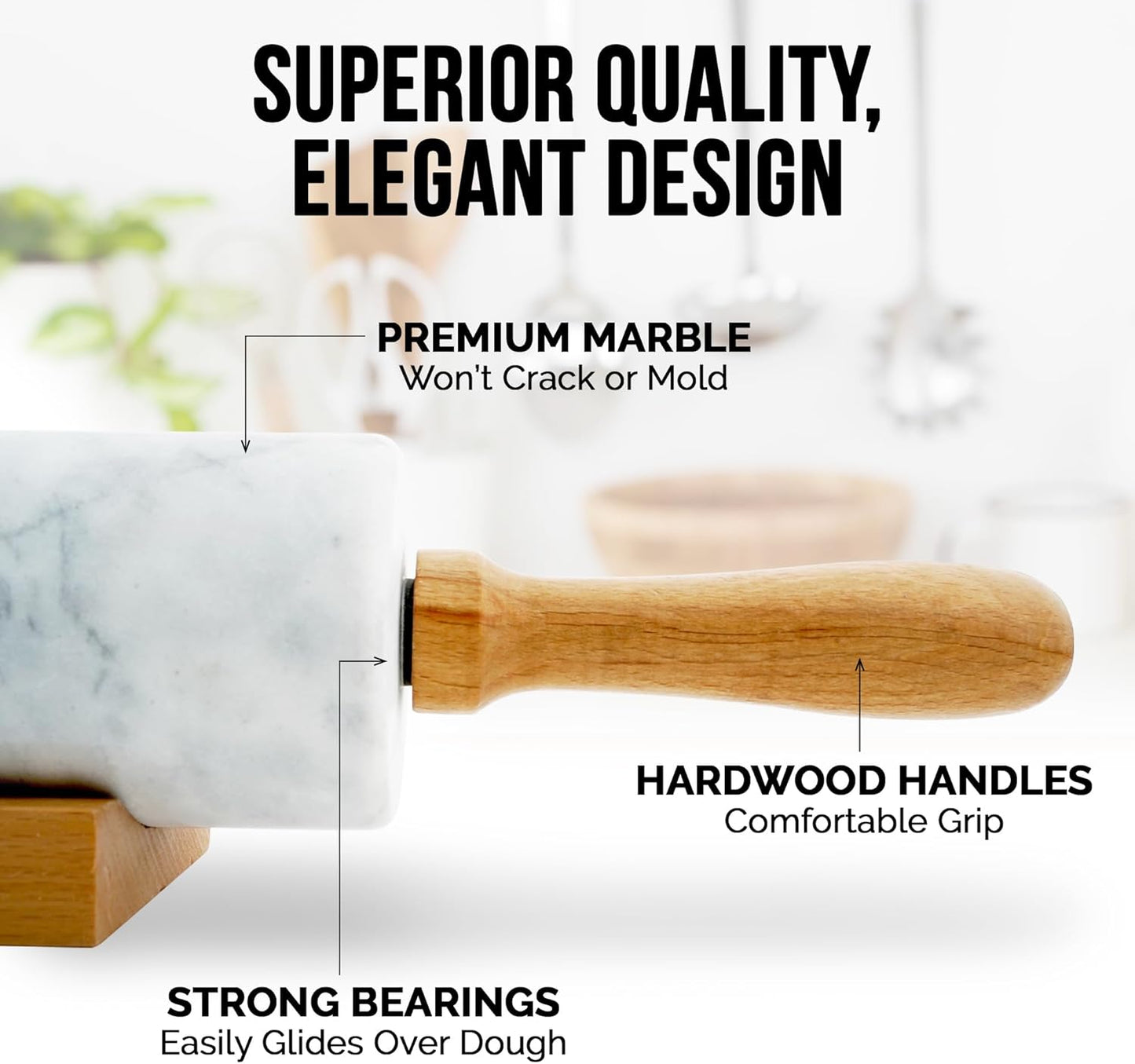 Zulay Kitchen 17-Inch Marble Rolling Pin With Stand - Polished Marble Rolling Pins For Baking With Long Beechwood Handle - Non-stick Roller Pin For Baking Pastries, Bread & Pizza