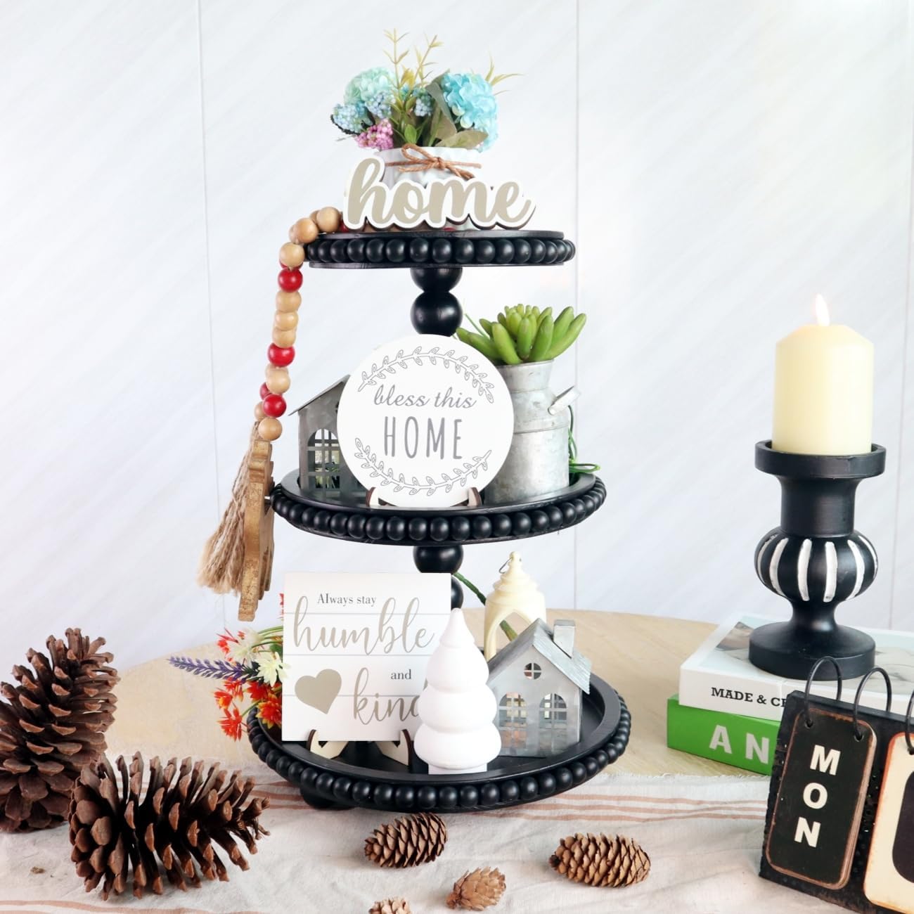 3 Tier Serving Tray， Wood Cupcake Stand，3 Tier Cupcake Stand，Tiered Tray Stand，Wooden Tiered Tray Stand，Suitable for Weddings/Birthdays/Dinners，（Black）.