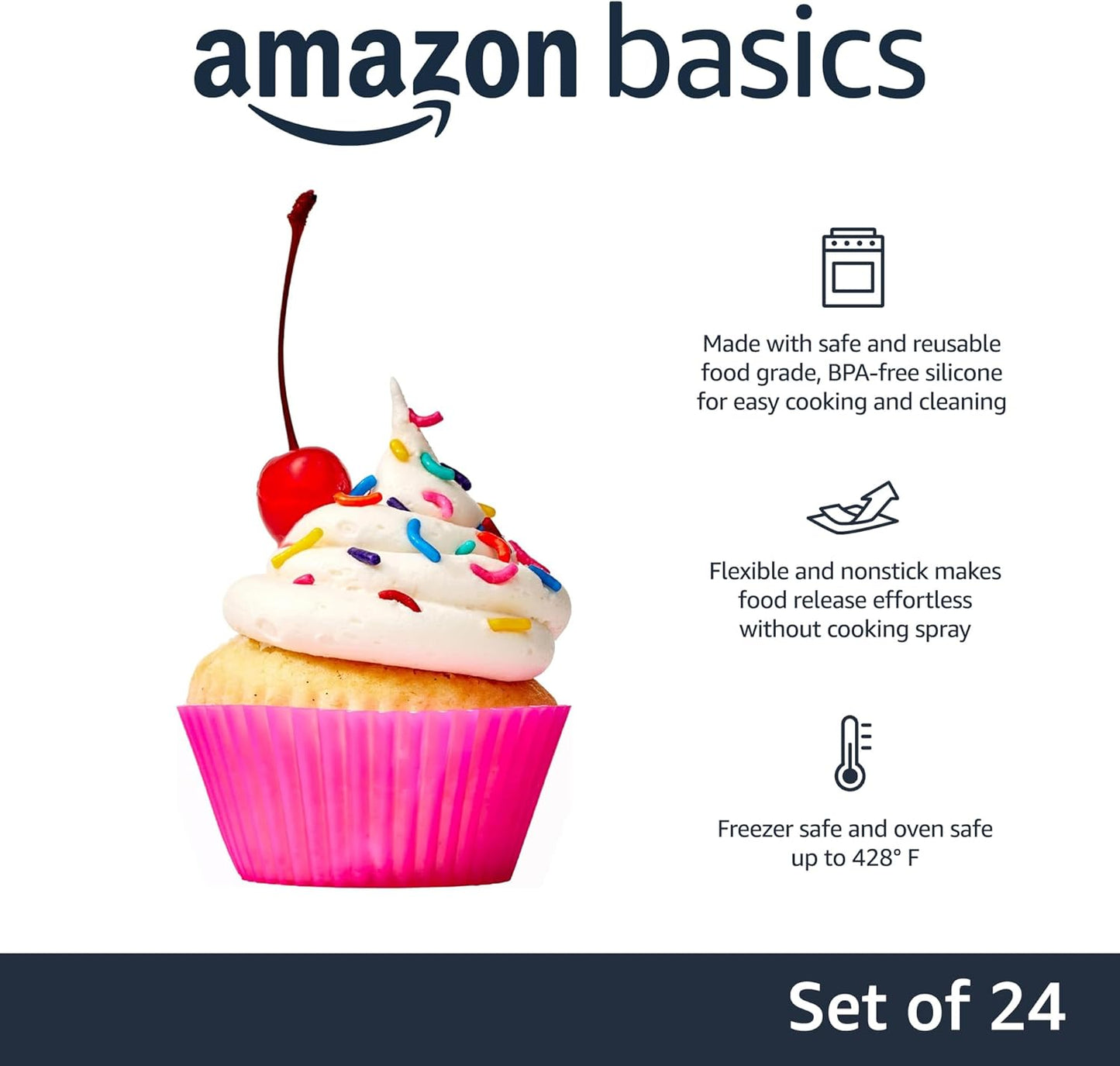 Amazon Basics Reusable Silicone Baking Cups, Non-Stick, BPA Free, Dishwasher Safe, 2.9 x 2.9 x 1.3 in (LxWxH), Multicolor, Pack of 24