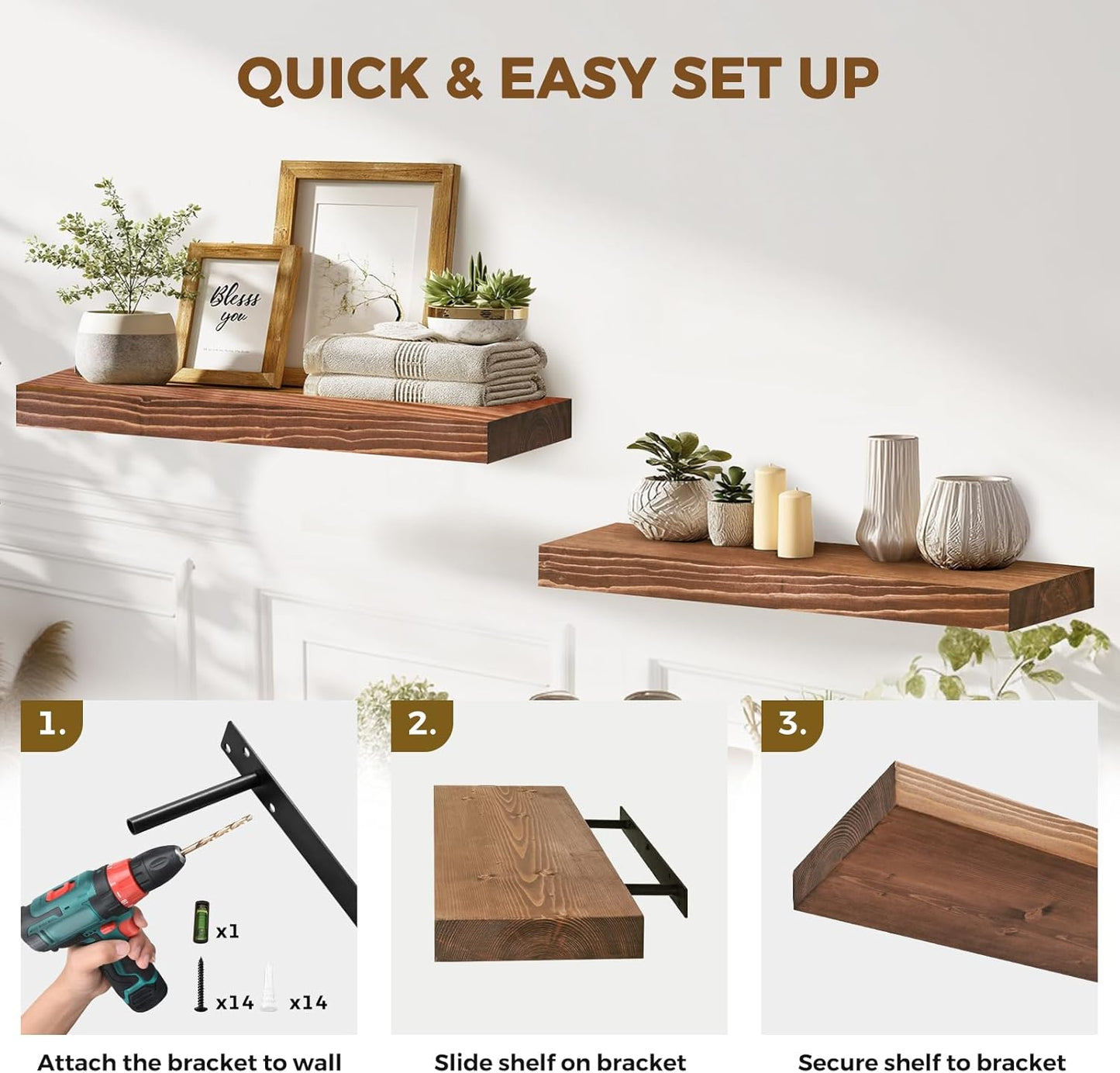 24x8x1.6 inch Floating Shelves Set of 2 – Solid Wood Rustic Brown Wall Mounted Shelf for Kitchen, Bathroom, Living Room