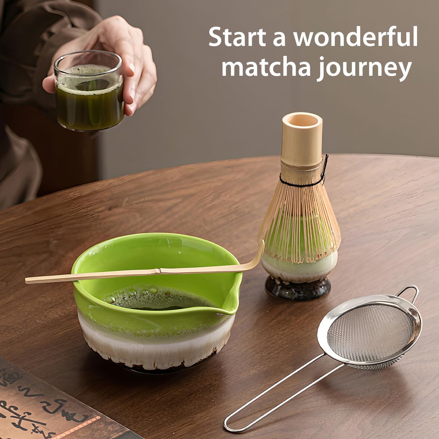 Matcha Whisk Set Ceramic Matcha Set Includes Matcha Bowl Matcha Whisk and Holder, Bamboo Scoop, Sifter, 5 Pcs Matcha Kit for Matcha Lovers