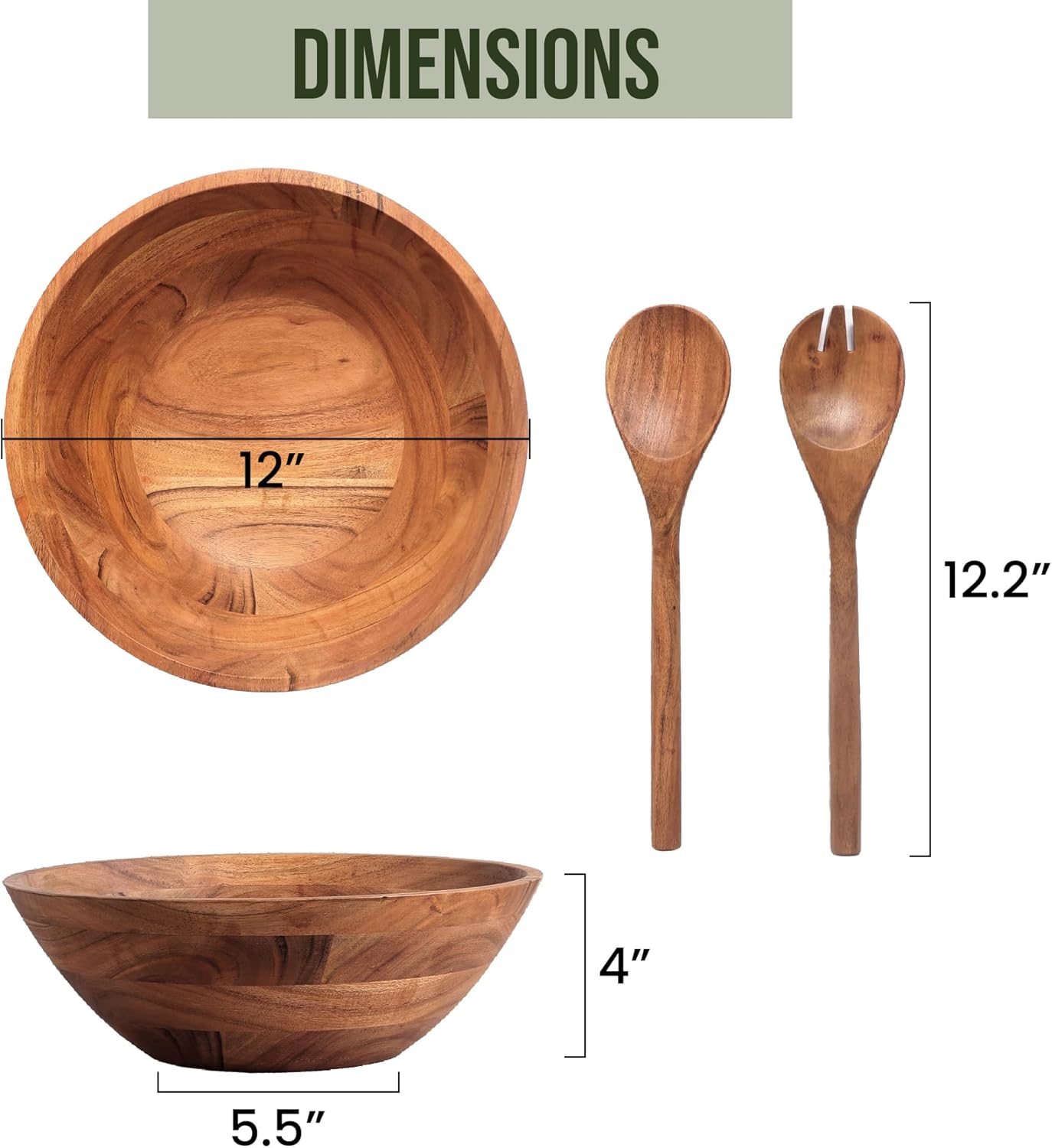 Luxe Designs Wooden Salad Bowl Set - Food Safe & Sustainable Decorative Bowl - Wood Bowl for Fruits, & Salads - Easy to Clean Large Salad Bowls Set w/Spoon, Fork – Wooden Bowls for Food (Natural)