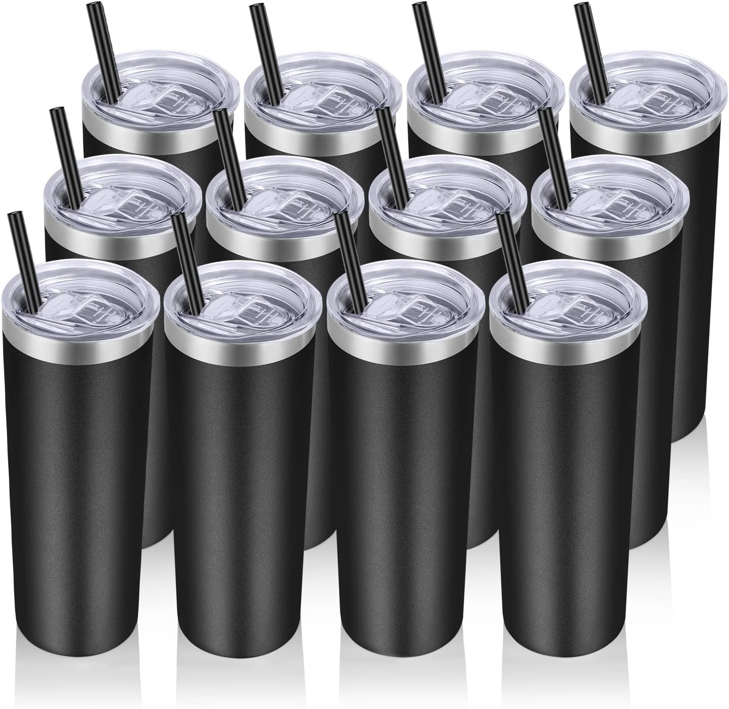VEGOND Stainless Steel Tumblers Bulk 12 Pack, 20 oz Vacuum Insulated Skinny Tumblers with Lids and Straws, Double Wall Coffee Mug, Travel Water Cup, Black