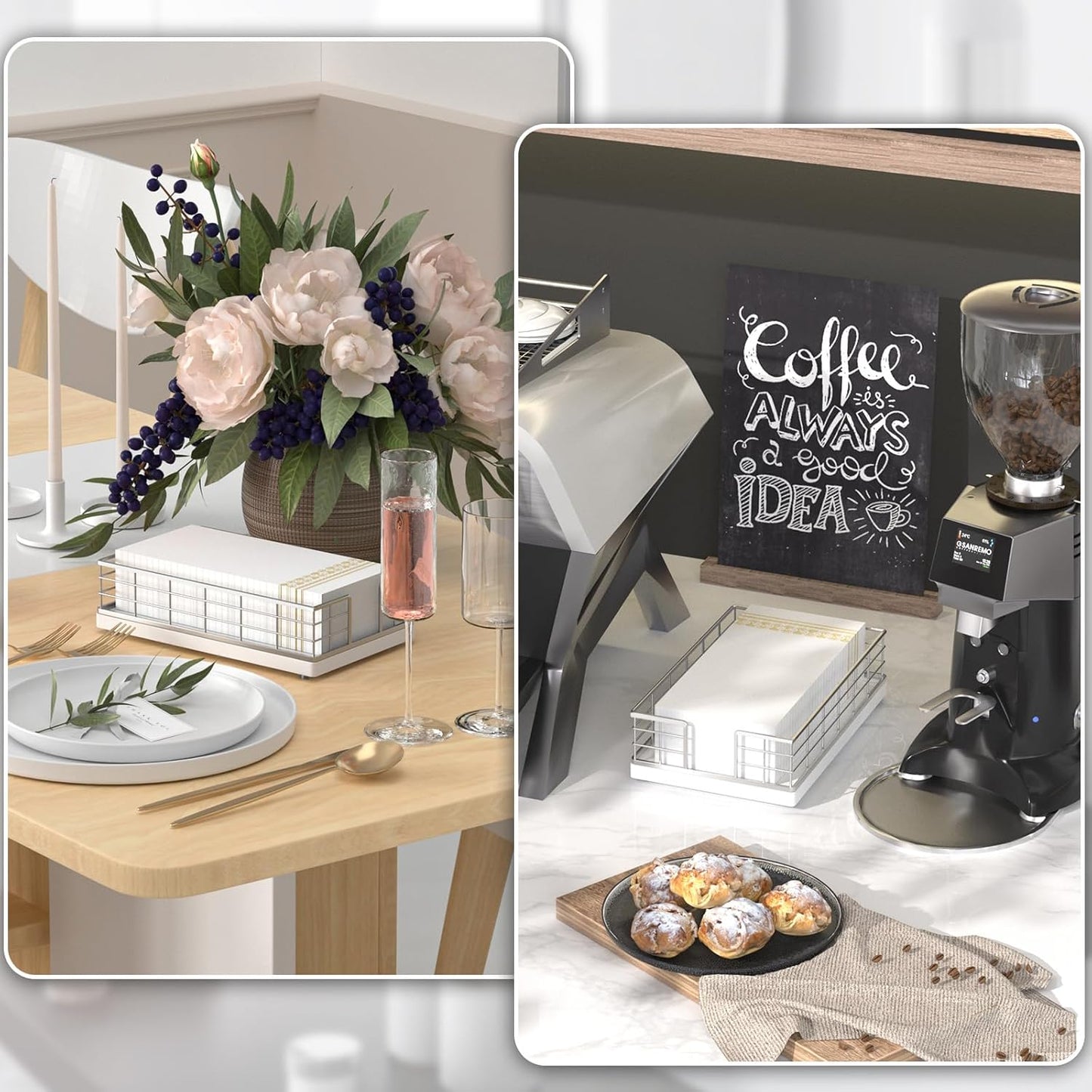 Wican Guest Towel Holder Tray for Bathroom, Oak and Iron Napkins Holder for Powder Room Dinning Table Wooden Basket for Disposable Paper Hand Towels Silvery and White