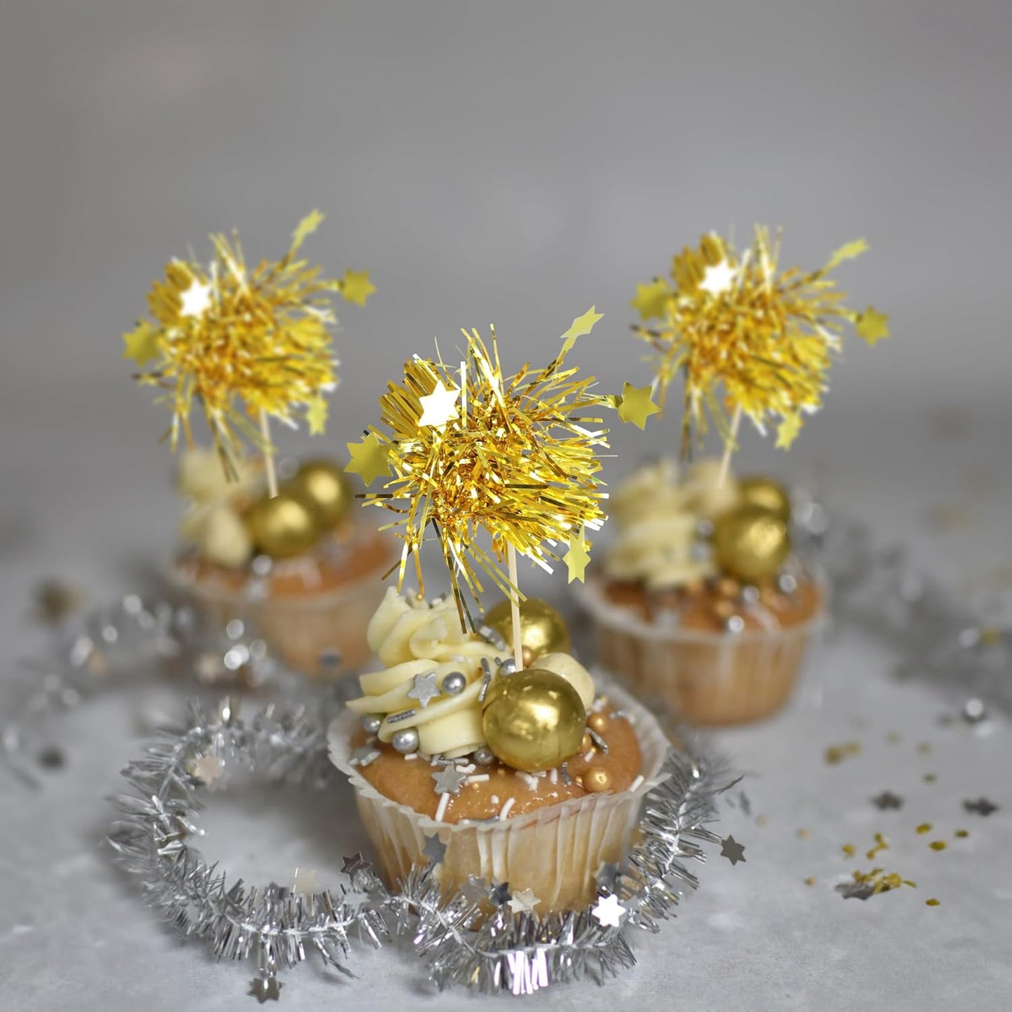 Gyufise 30Pcs Star Foil Firework Cupcake Toppers Sparkle Tinsel Cake Toppers Tinsel Drink Cake Decoration Cocktail Picks for Birthday Wedding Graduation Party Supplies Gold