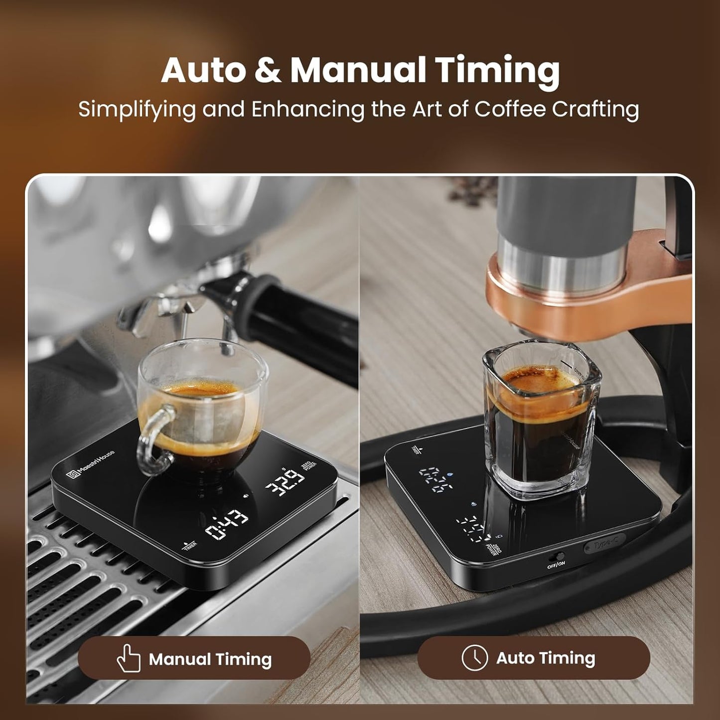 Rechargeable Mini Coffee Scale with Timer, Maestri House Espresso Scale, 2kg/0.1g Accurate Scale for Espresso and Pour-Over Coffee, Portable Digital Kitchen Scale with Automatic Timing（Black）