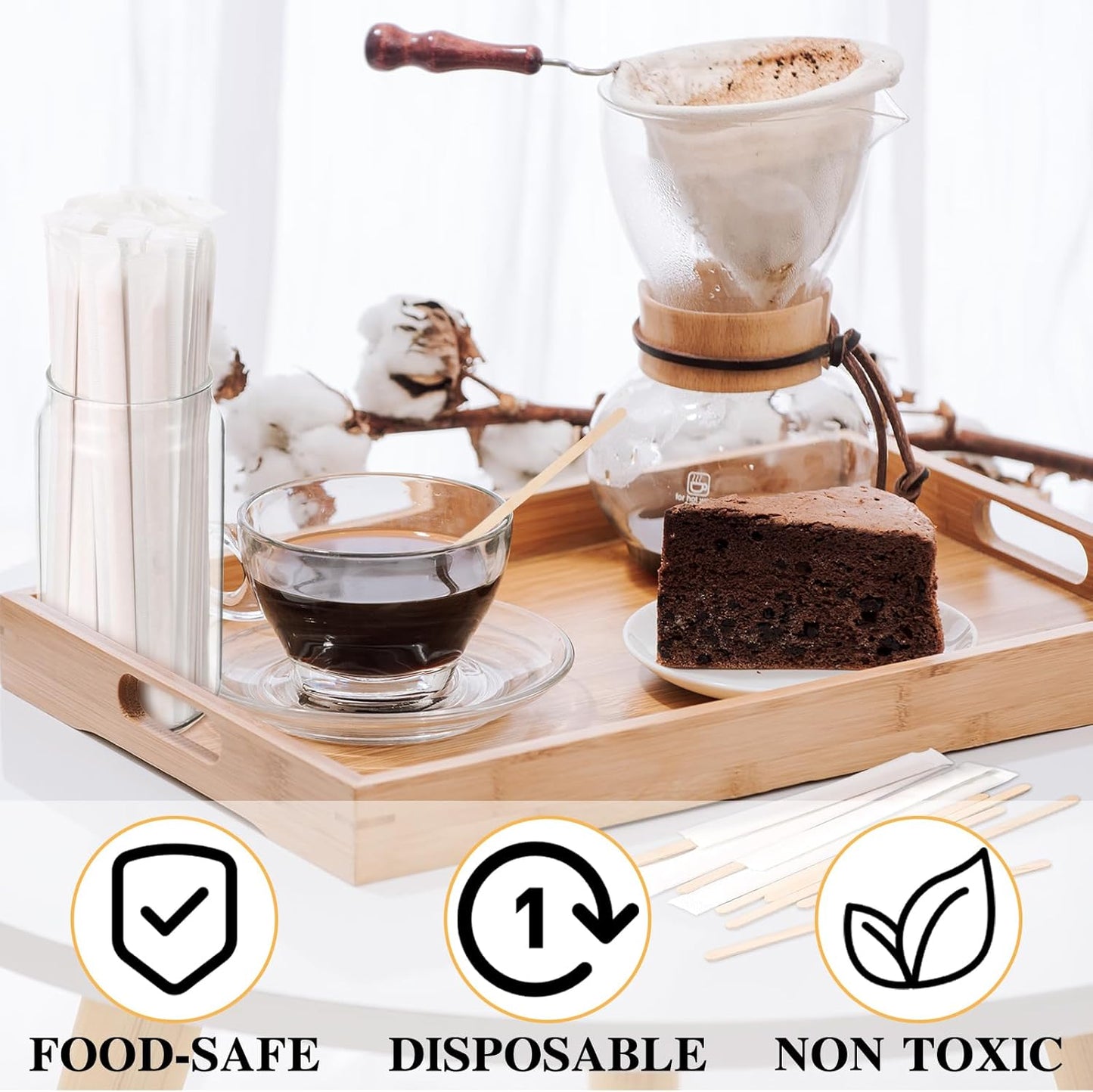 Amyhill 4000 Pcs Individually Wrapped Wooden Coffee Stirrers, Disposable Coffee Stir Sticks Round End Sticks Bulk Wood Stirrers for Cocktail Hot Drinks Restaurant Bar Home Office (5.5 Inch)