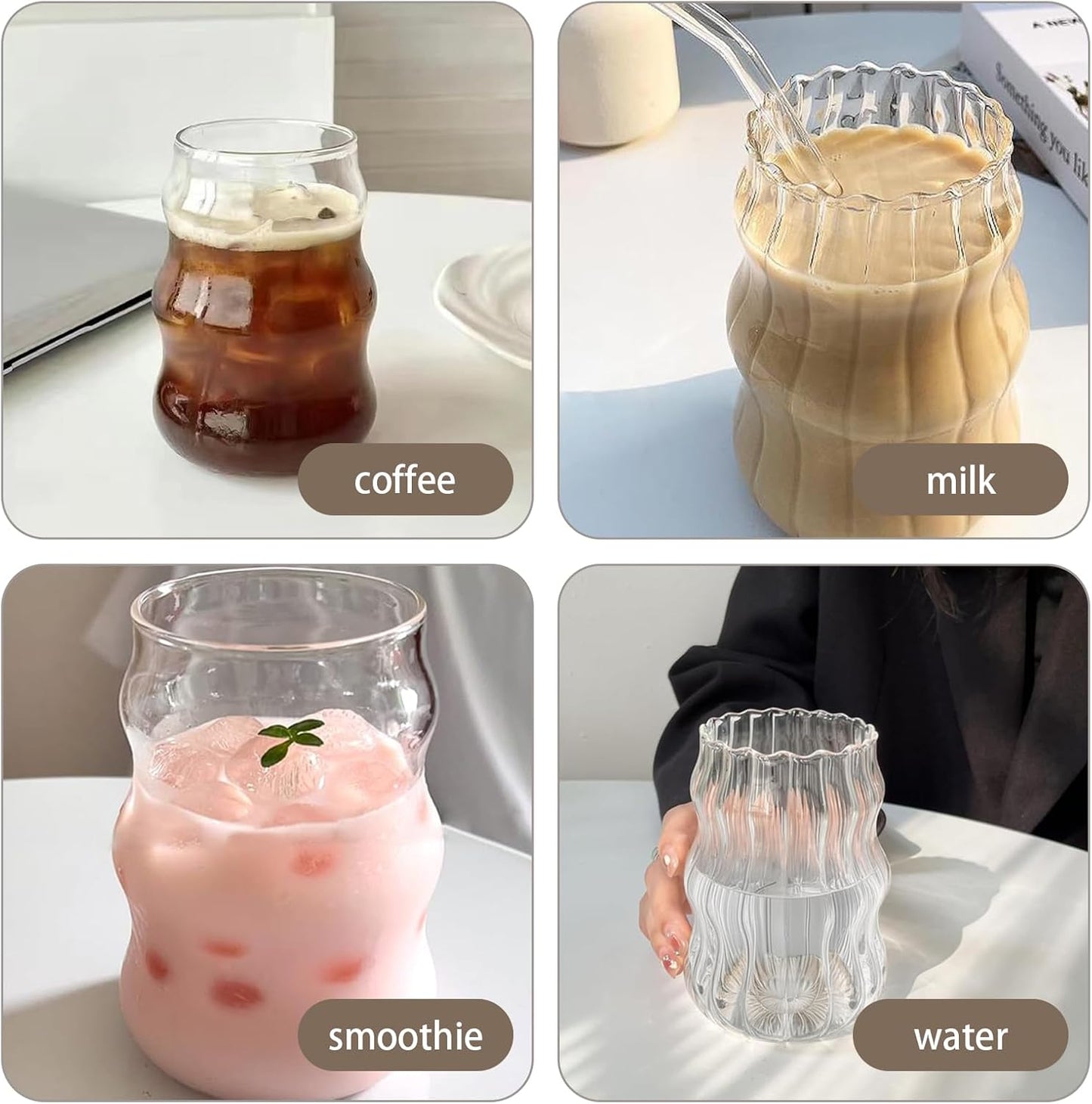 2 PCS Ribbed Cute Glass Cups,18 Oz Iced Coffee Glasses with Lids and Straws Iced Coffee Cups Glass