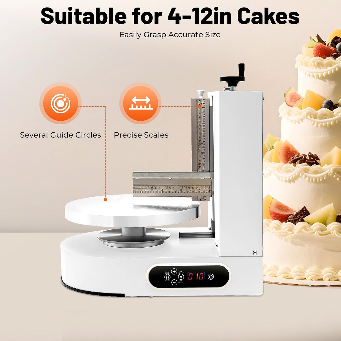 Cake Decorating Machine, 200W Cake Cream Spreading Machine 60-320rpm Rotating Speed Automatic Cake Cream Spreading Machine with LCD Display for 4-12 inch Cakes (White)