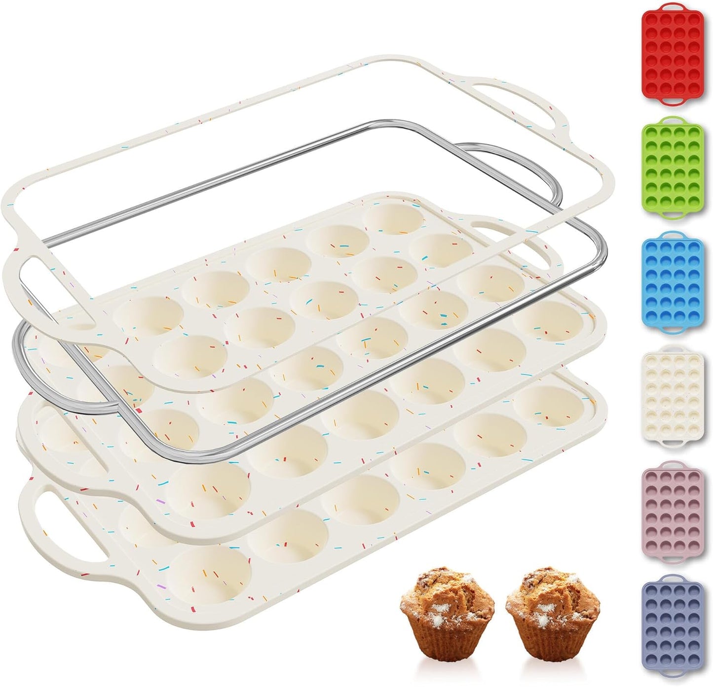 2 Packs 24 Cups Silicone Muffin Pan with Metal Reinforced Frame Mini Size Cupcake Pan Tray Egg Bites Silicone Circle Cookie Molds Muffin Tin Tart Pans Baking Sheet Set for Breakfast Sandwiches