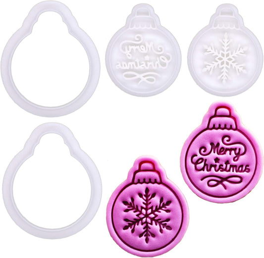 BAKERLOGY Winter Wishes – Mini Christmas Bauble Cookie Cutter and Stamp Set (2") – Set of 2 with Snowflake & Merry Christmas Designs for Festive Baking and Edible Crafts