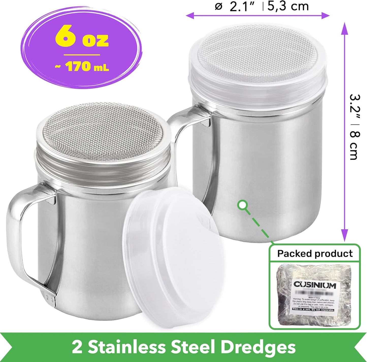 CUSINIUM Powdered Sugar Shaker Duster - With Handle - Cinnamon Shaker For Coffee Bar - Fine Mesh Dredge - 6 ounce, pack of 2 | Style: Fine