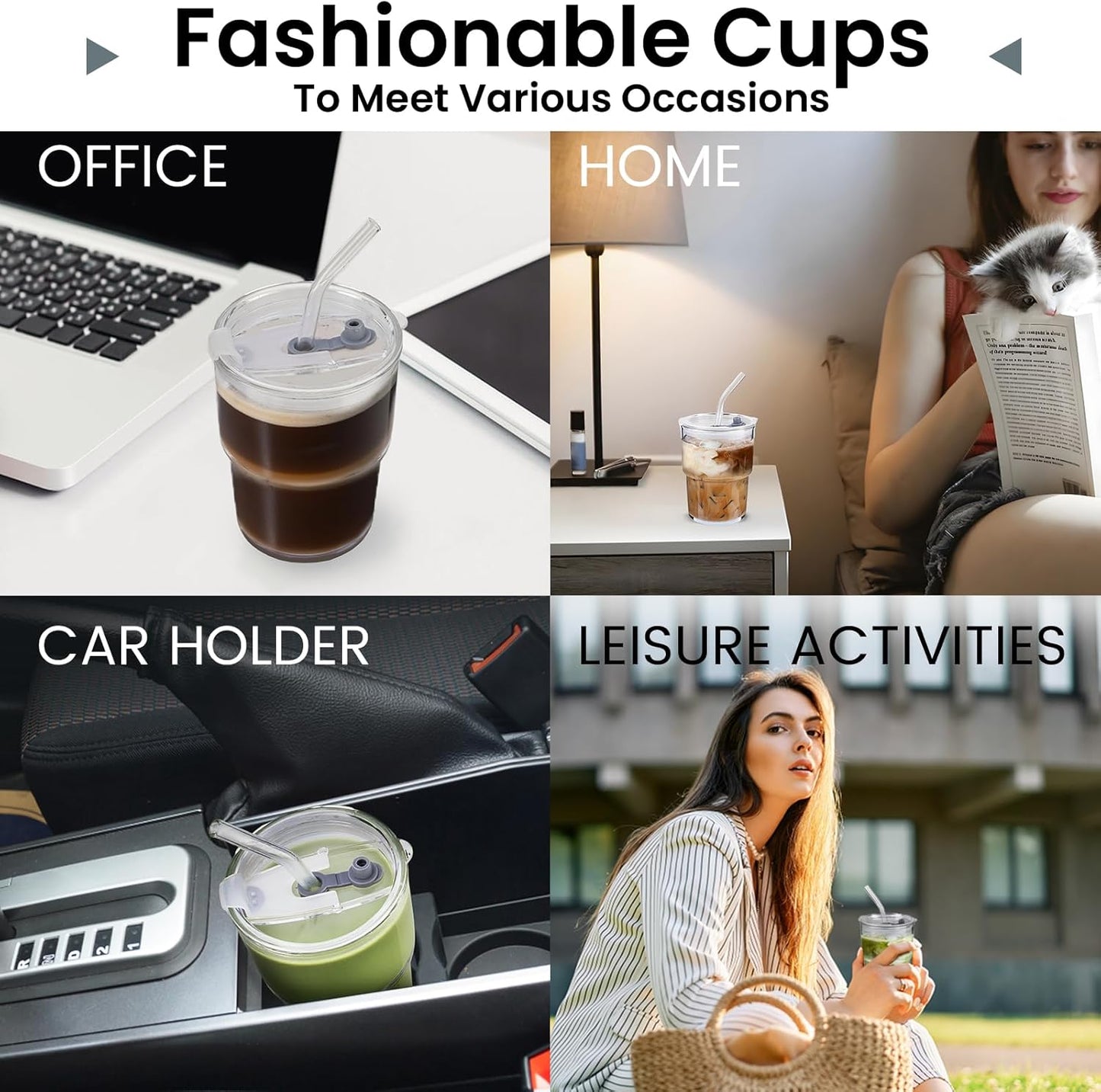 2PCS Glass Cups With Lids And Straws, Iced Coffee Cup,15Oz/450ml Iced Coffee Glasses Tumbler, Thick Wall Glass Mug For Tea Water, Matcha Cup Chirstmas Gifts (Clear, 2PCS)