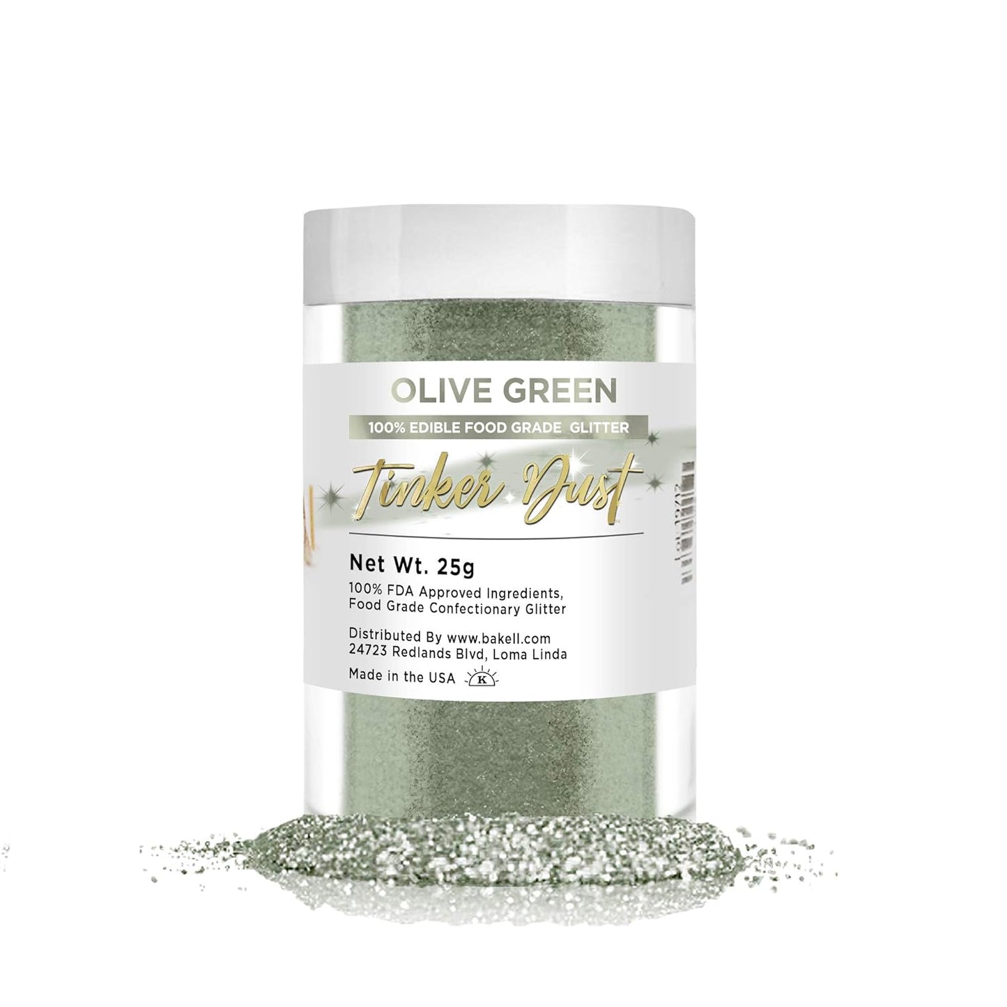 BAKELL Olive Green Edible Glitter, 25 Grams | TINKER DUST Edible Glitter | KOSHER Certified | 100% Edible Glitter | Cakes, Cupcakes, Cake Pops, Drinks, Dessert Vegan Glitter & Dusts (25g, Olive Green)