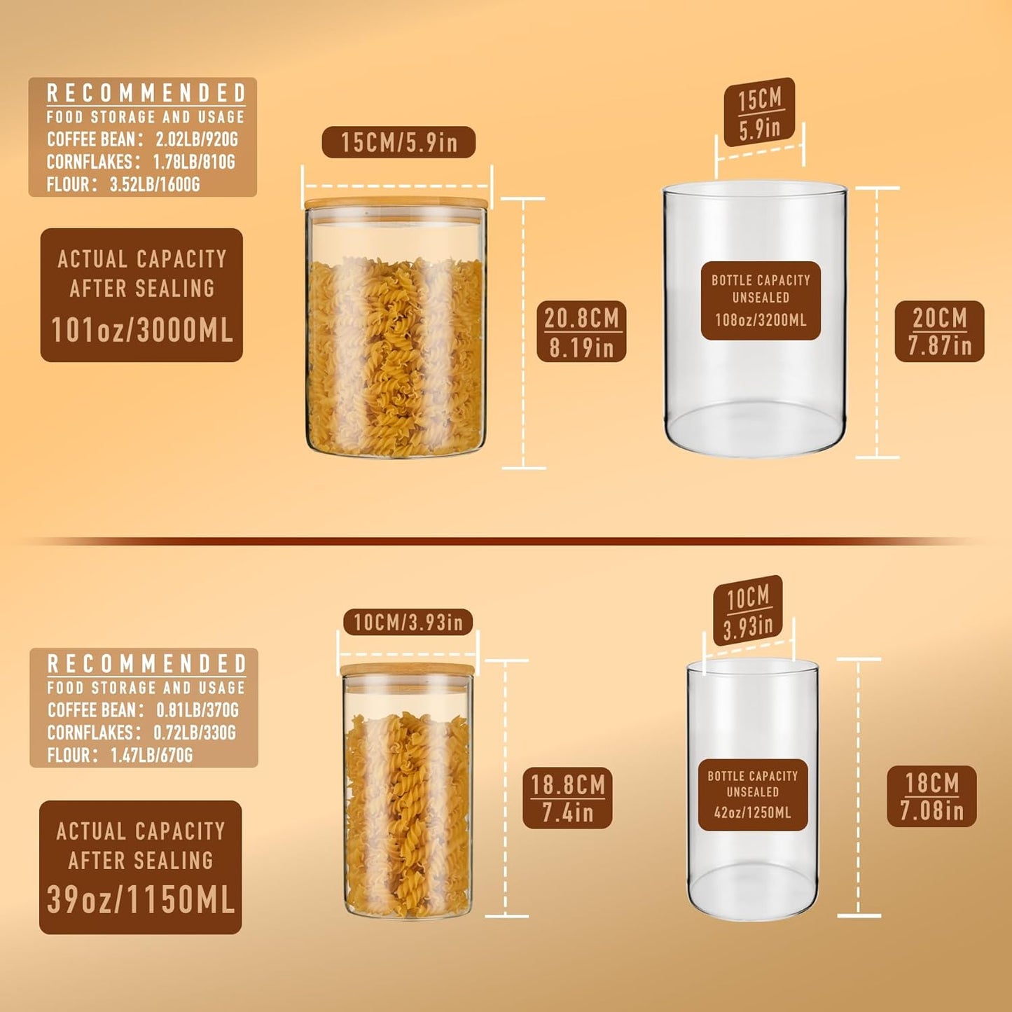108oz 42oz Straight cylindrical Airtight Storage Jars with Bamboo Lid Set of 2 Large Storage Container Gallon Glass Jars, for Flour, Pasta and Coffee bean (with Black Lable)