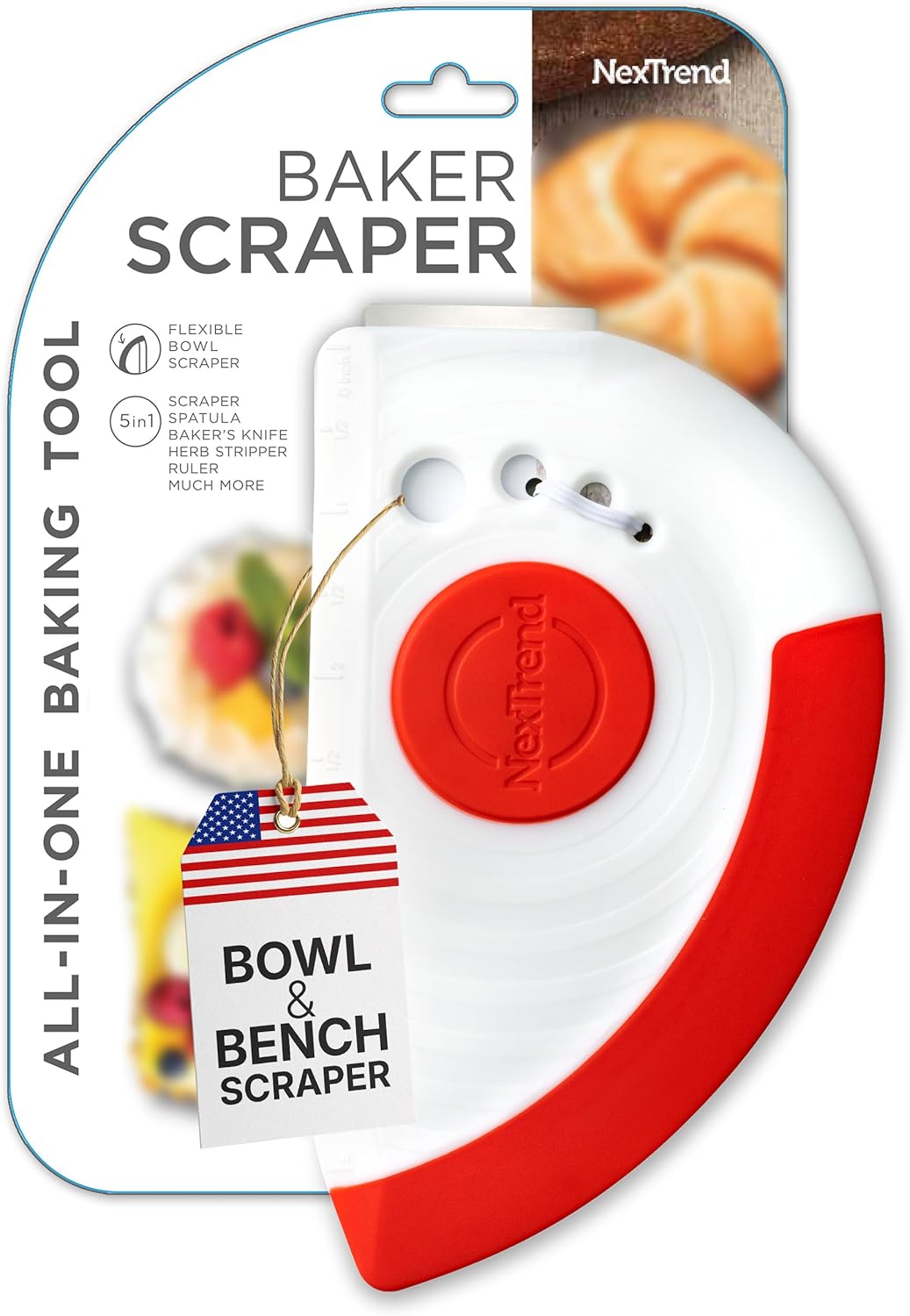 Nextrend BakerScraper – 5-in-1 Flexible Bowl Scraper, Bench Scraper and Dough Scraper with Stainless Steel Edge, Ruler & Herb Stripper – BPA Free, Dishwasher Safe - Red