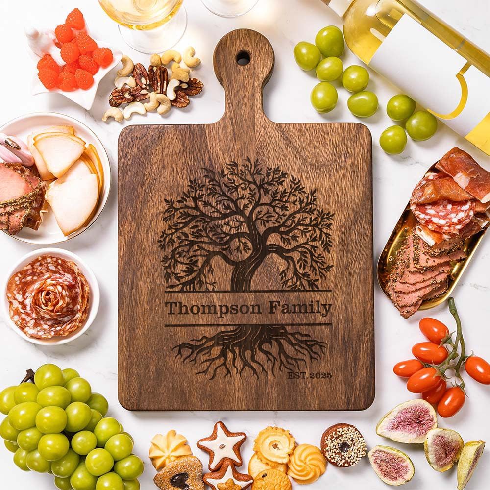 callie Personalized Family Cutting Board, Wooden Engraved Cheese Food Serving Tray Platter with Grip Handle, Housewarming Gifts (S, M, L)