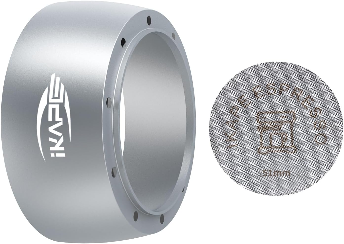 IKAPE Magnetic Dosing Funnel Set, 51MM Espresso Dosing Ring & Puck Screen Kit Compatible with Delonghi 51MM Bottomless Portafilter - with 8 Small Magnet (Silver)