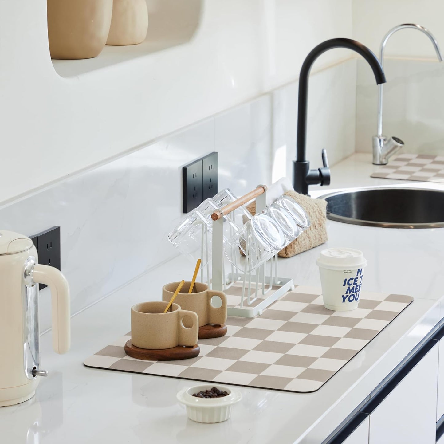 Checkered Dish Drying Mat for Kitchen Counter, Coffee Bar Station Accessories, Retro Cute Aesthetic Modern Absorbent Drainer Mat Kitchen Drying Mat Easy Clean, Khaki 16" x 24"