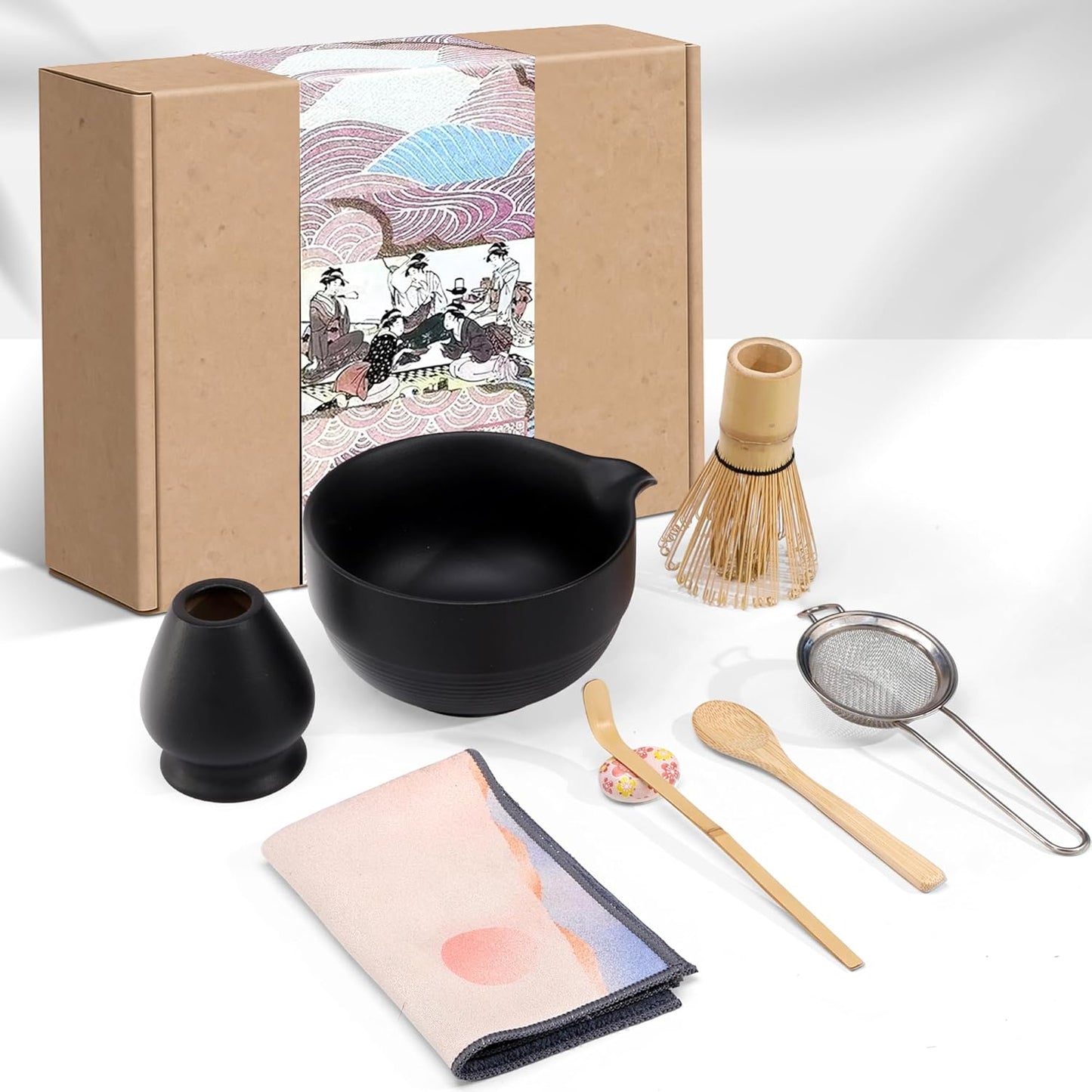 Matcha Whisk Set,includes Matcha Bowl,Matcha Whisk and Holder by Bamboo, Spout, Matcha Sifter Strainer Spoon Scoop Chasen Holder Towel- Perfect Japanese Matcha Set(8 Pcs black)