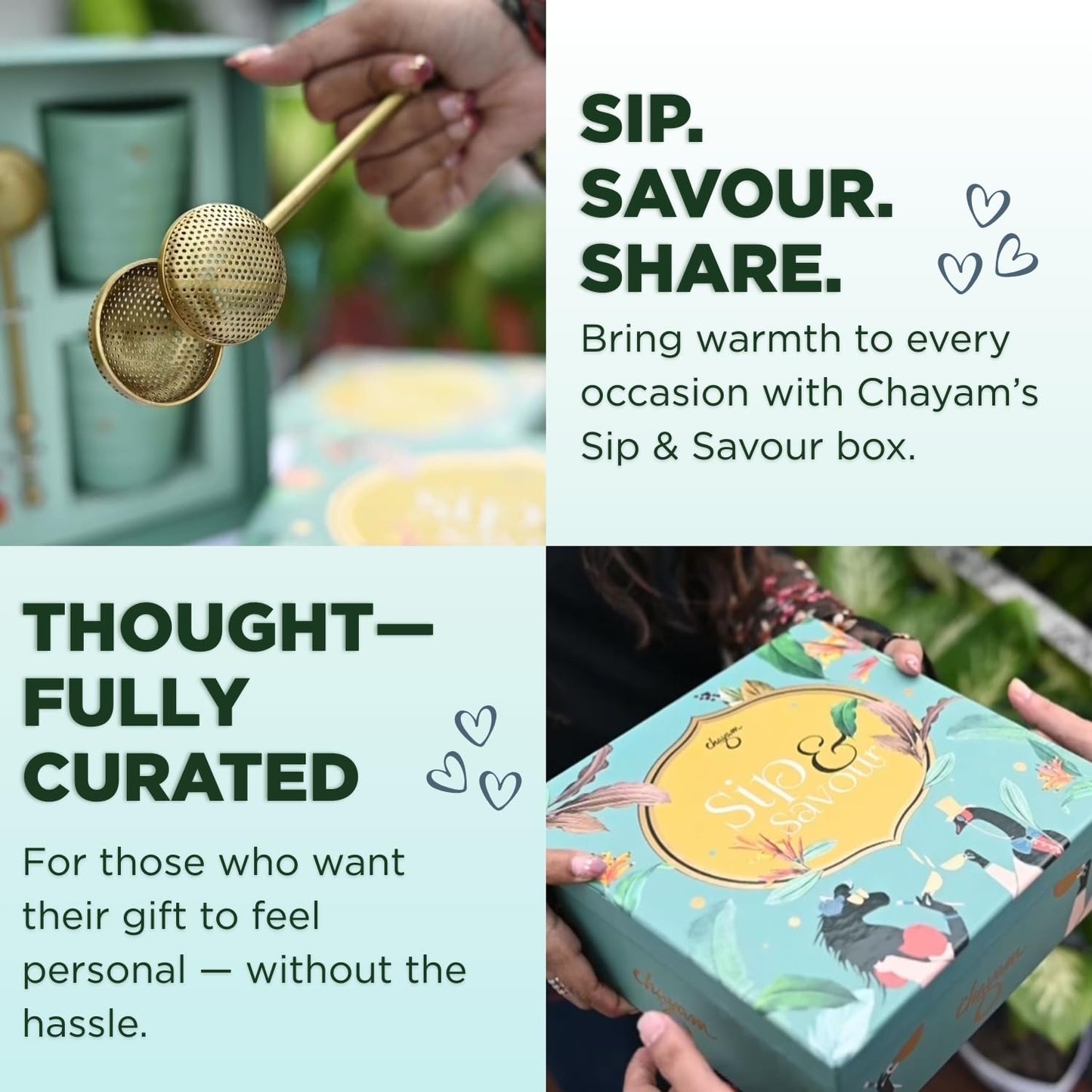 CHAYAM Luxury Tea Gift Set |10 Assorted Tea Bags, Magical Cinnamon 50g, 2 Cups & Brass Strainer | Assorted Gift Box Hamper