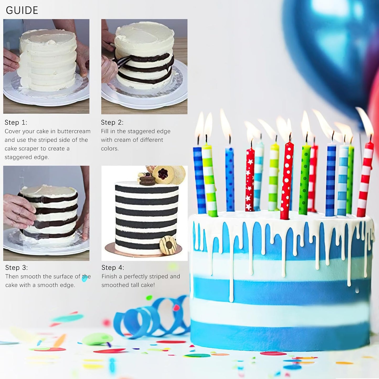 JOERSH 4pcs Acrylic Cake Scrapers Clear Combs Icing Frosting Buttercream Edge Smoother for Mousse Butter Cream Decoration