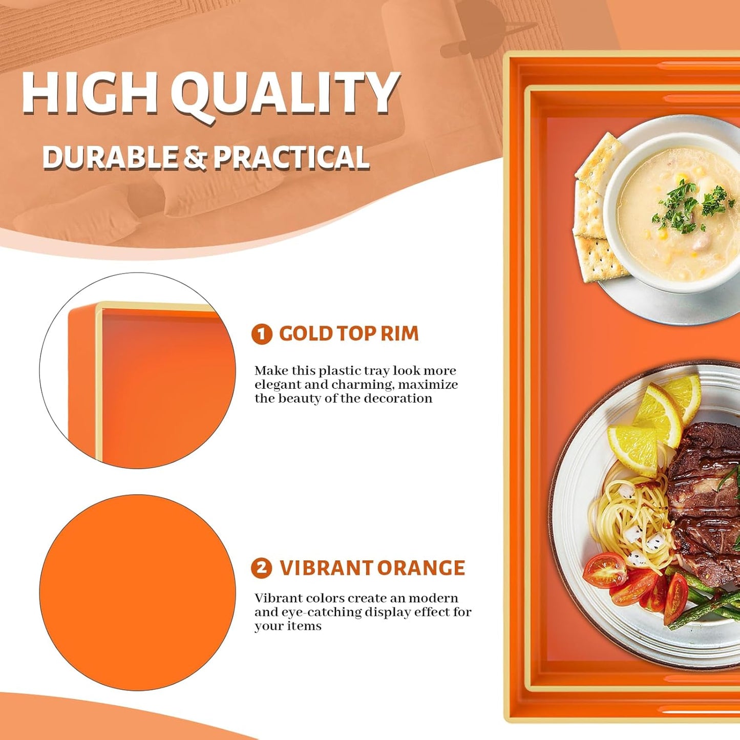 MAONAME Orange Serving Trays Set of 2, Plastic Decorative Trays with Handles, Rectangular Coffee Table Trays for Ottoman, Nesting Trays for Living Room, Bedroom