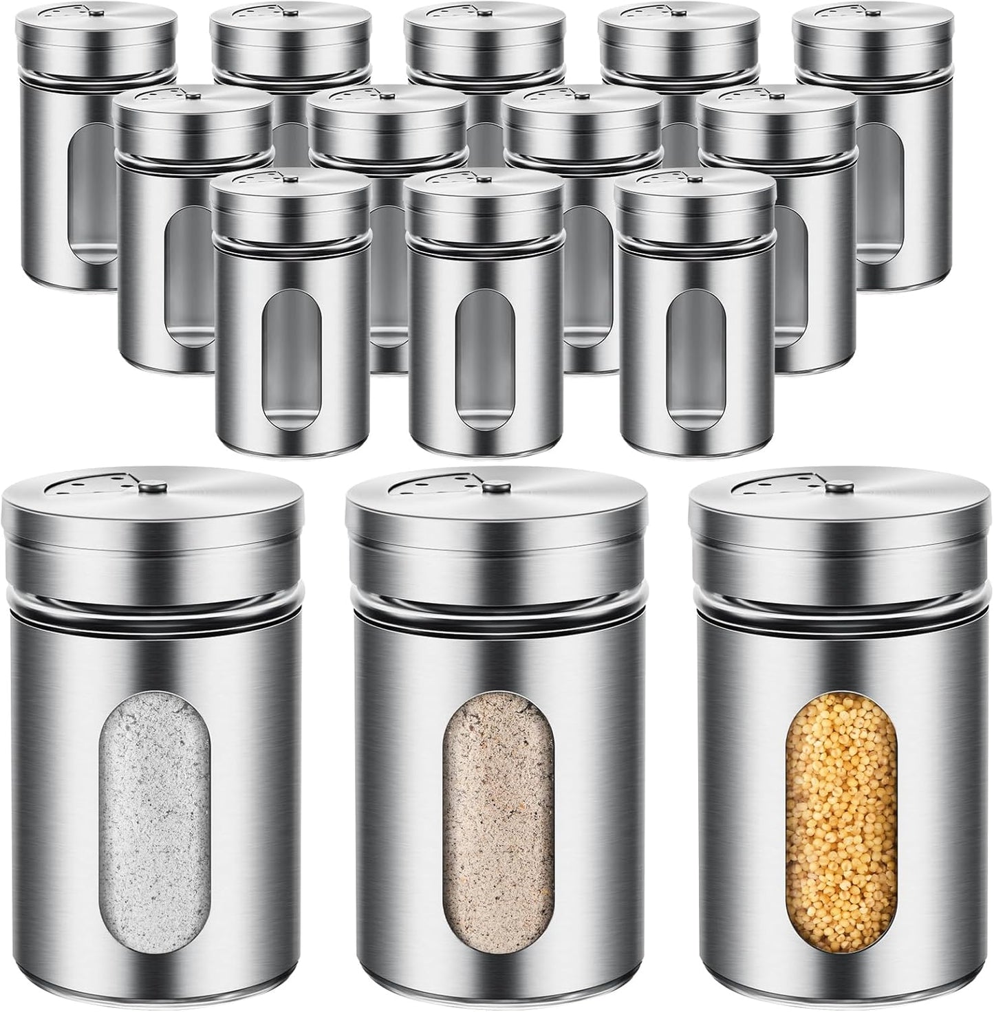 Dandat 12 Pcs Salt and Pepper Shakers Stainless Steel Spice Shakers with Adjustable Pour Holes and Glass Window 3.4oz Salt Dispenser Spice Jars with Rotating Lids for Sugar Seasoning Home