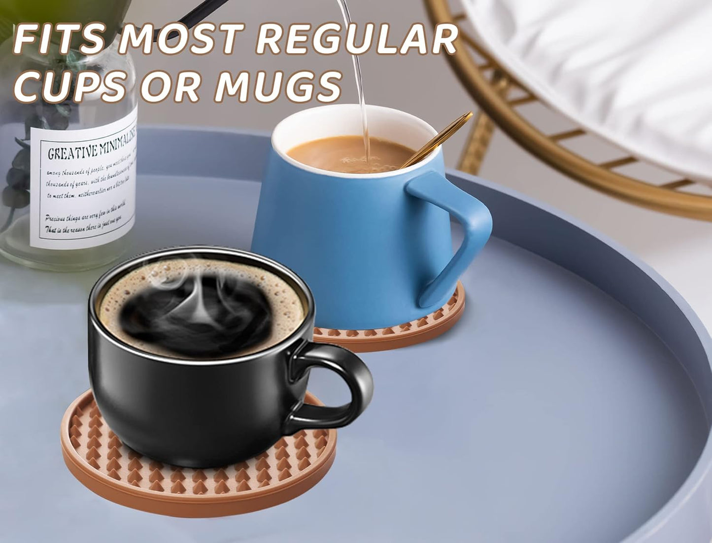 Coasters for Drinks 6 Pack Drink Plastic Coaster with Holder,Heat Resistant Silicone Cup Mat Tabletop Protection,Non-Slip Rubber Coasters for Kinds of Cups (Brown)