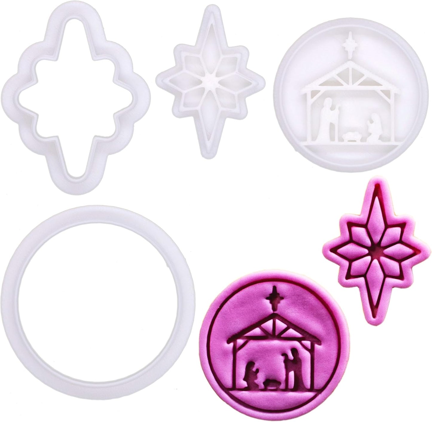 BAKERLOGY Holy Night – Mini Nativity Scene & Star of Bethlehem Cookie Cutter and Stamp Set (2") – Traditional Christmas Symbols for Holiday Baking and Seasonal Crafts