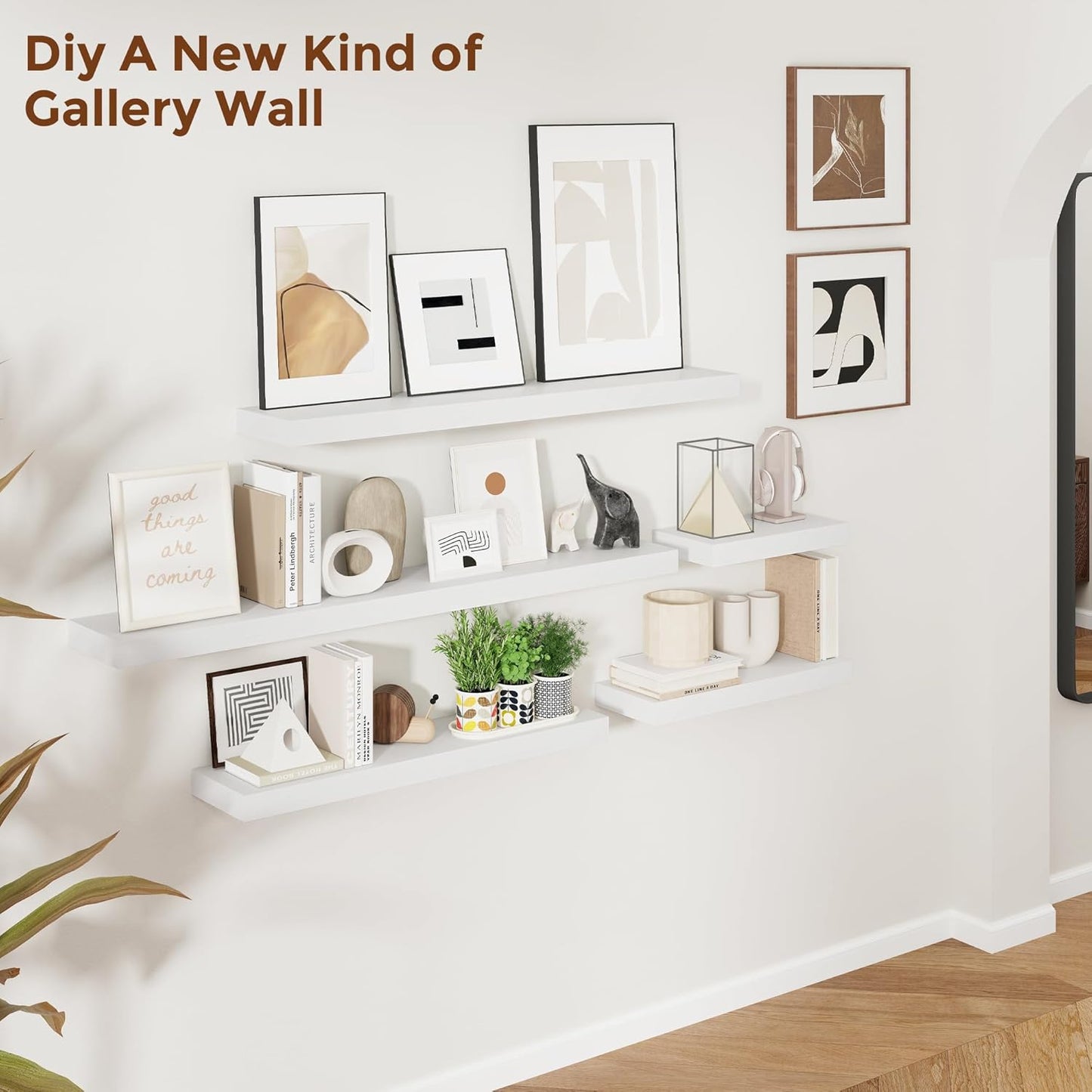 Heimlove 16 Inch Floating Shelves for Wall White Shelves Set of 2,Wall Mounted Rustic Wood 8 Inch Deep Floating Shelf with Invisible Brackets for Bedroom Kitchen Living Room