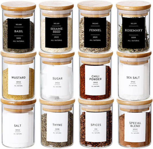 12 Pcs Glass Spice Jars With 296 Spice Labels Preprinted of White and Black Color- 6oz Thicken(2.4mm) Spice Containers With Bamboo Airtight Lids - Empty Small Herb Seasoning Jars