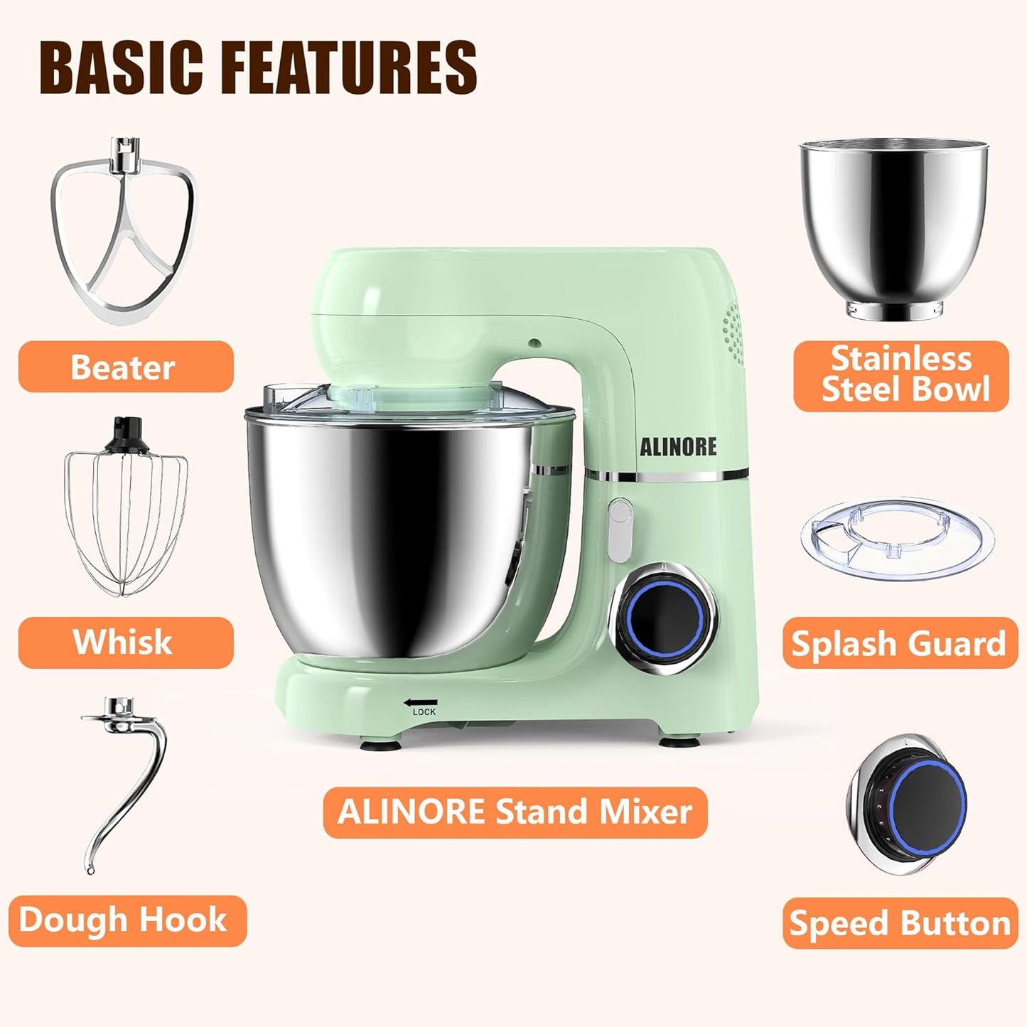 Stand Mixer, 6.5QT 660W 10-Speed Tilt-Head Electric Kitchen Stand Mixer, Food Mixer with Dishwasher-Safe Dough Hook, Egg Whisk, Flat Beater for Baking, Cake and Most Home Cooks (Green)