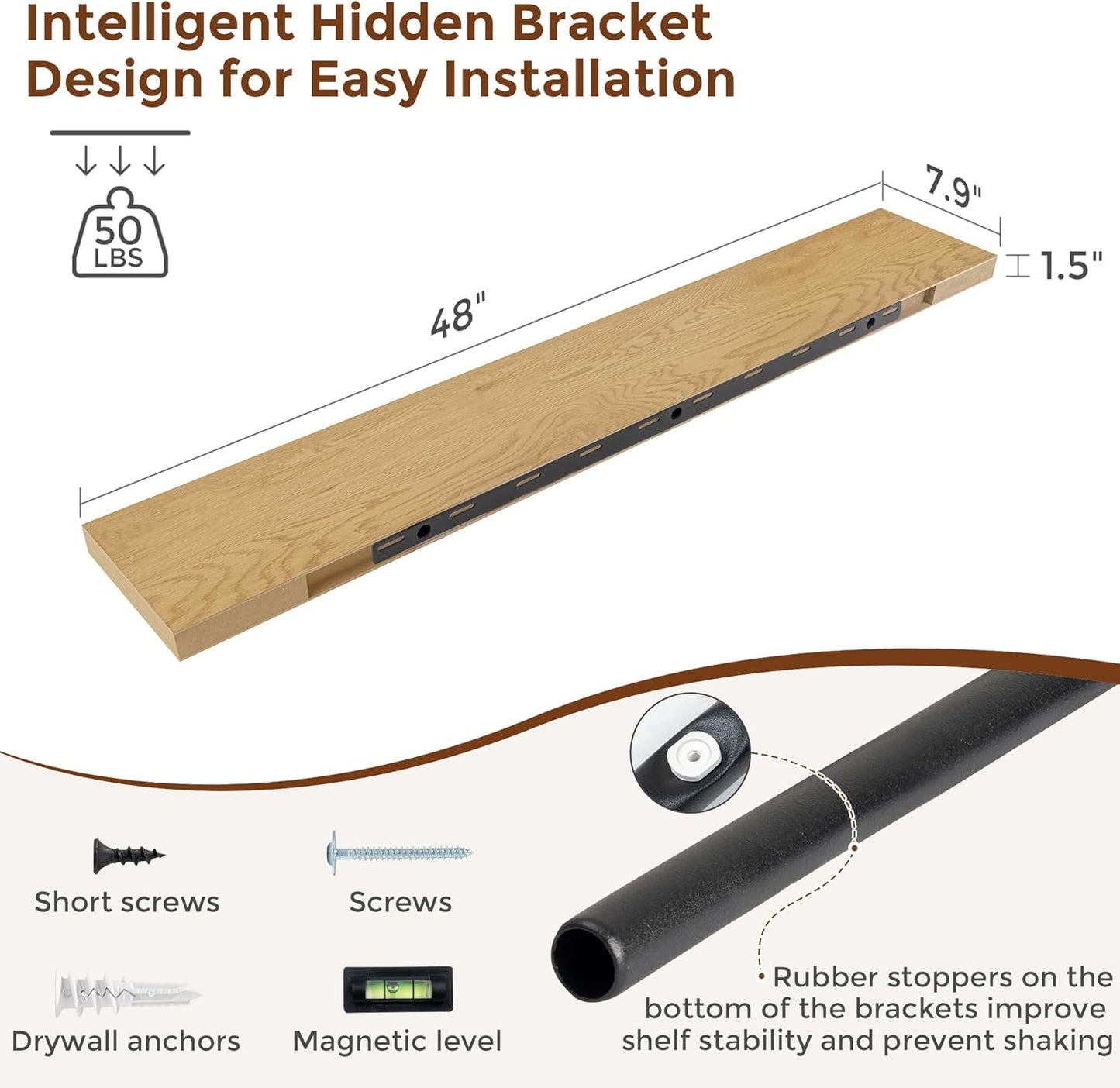 Heimlove 48 Inch Floating Shelves for Wall 8 Inch Deep Oak Shelves Set of 2,Wall Mounted Rustic Wood Long Floating Shelf，Large Display & Storage Shelf with Invisible Brackets