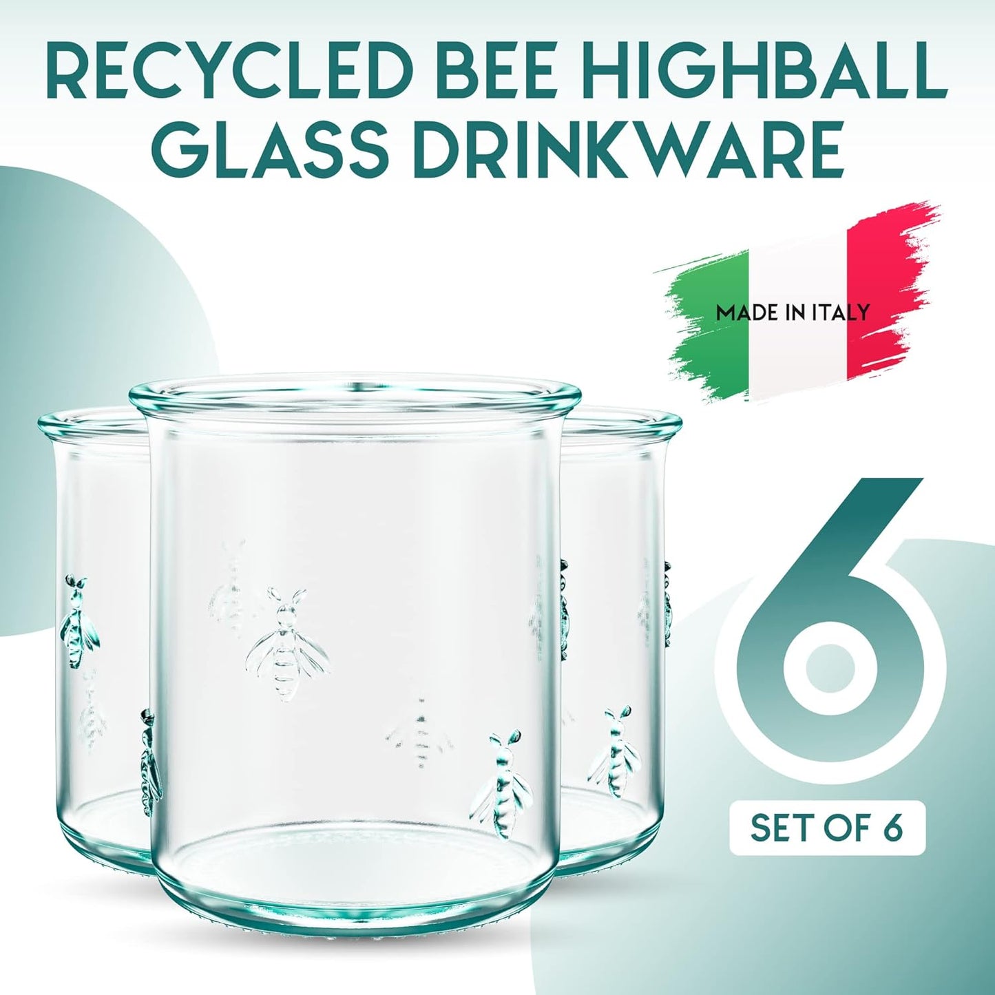Amici Home Regina DOF Glass | 12 Oz | Italian Made, Recycled Green Glass | Drinking Glass with Embossed Bee Design for Water, Juice, Iced Tea, Cocktails (Set of 6)