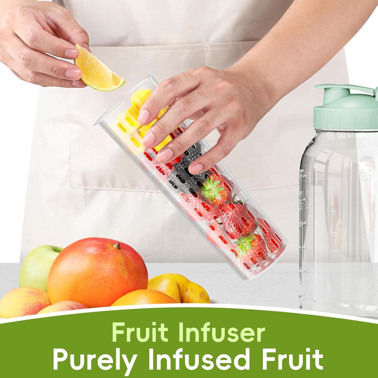 Fruit Infuser Water Pitcher,Glass Mason Jar Pitcher,64oz(2 Quart) Wide Mouth Jug with Pour Spout Handle Lid for Fruit Drinks,Cold Brew Coffee,Ice Beverage,Iced Juice,Lemonade,Sun Tea Container