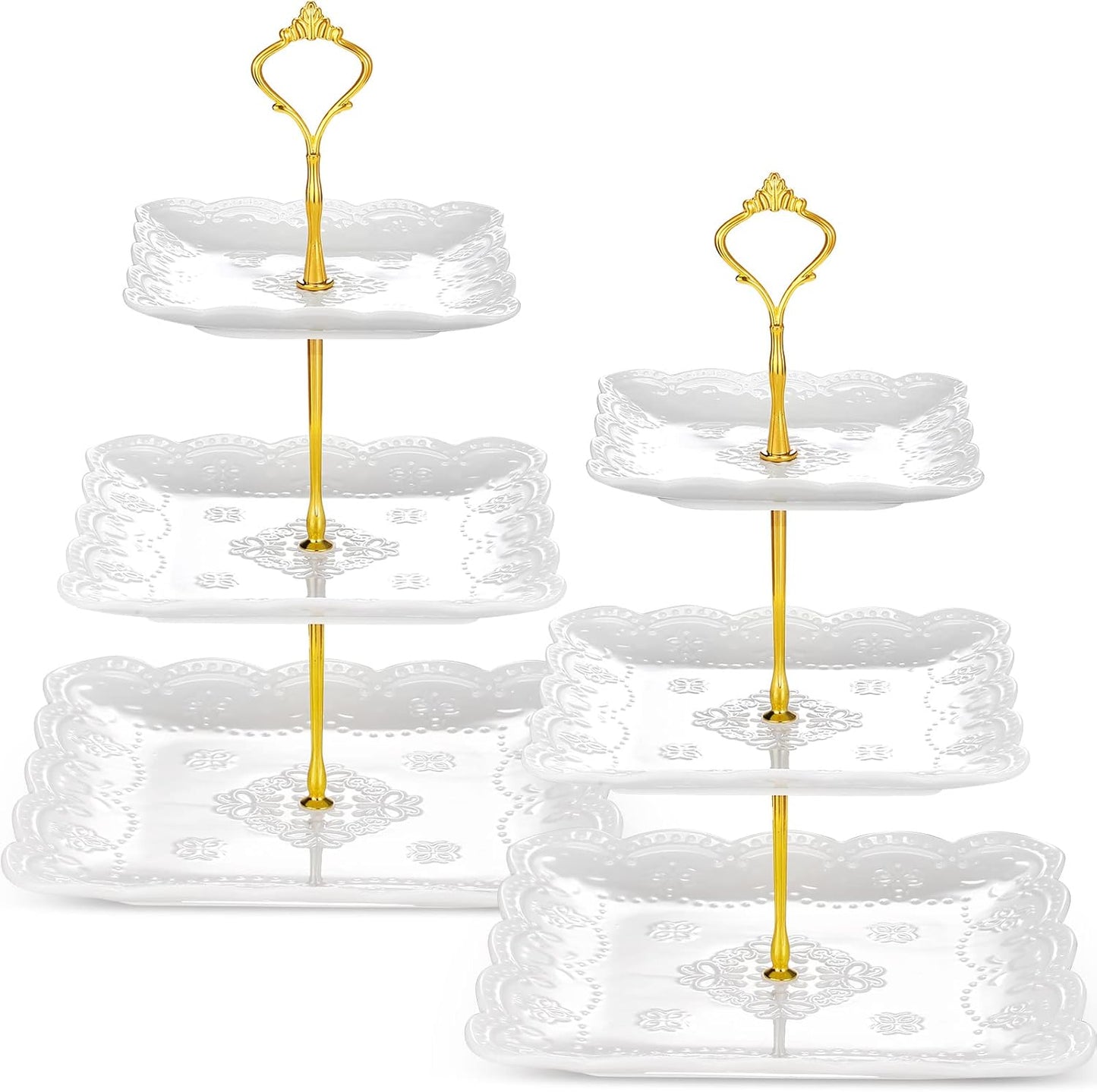 Tatuo 2 Pcs 3 Tier Porcelain Cupcake Stand, Cup Cake Holder Tower, Pastry Serving Elegant Dessert White Ceramic Tiered Stand for Wedding, Birthday, Tea Party(Lace Square Shape)