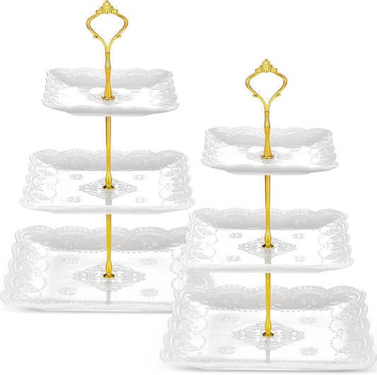 Tatuo 2 Pcs 3 Tier Porcelain Cupcake Stand, Cup Cake Holder Tower, Pastry Serving Elegant Dessert White Ceramic Tiered Stand for Wedding, Birthday, Tea Party(Lace Square Shape)