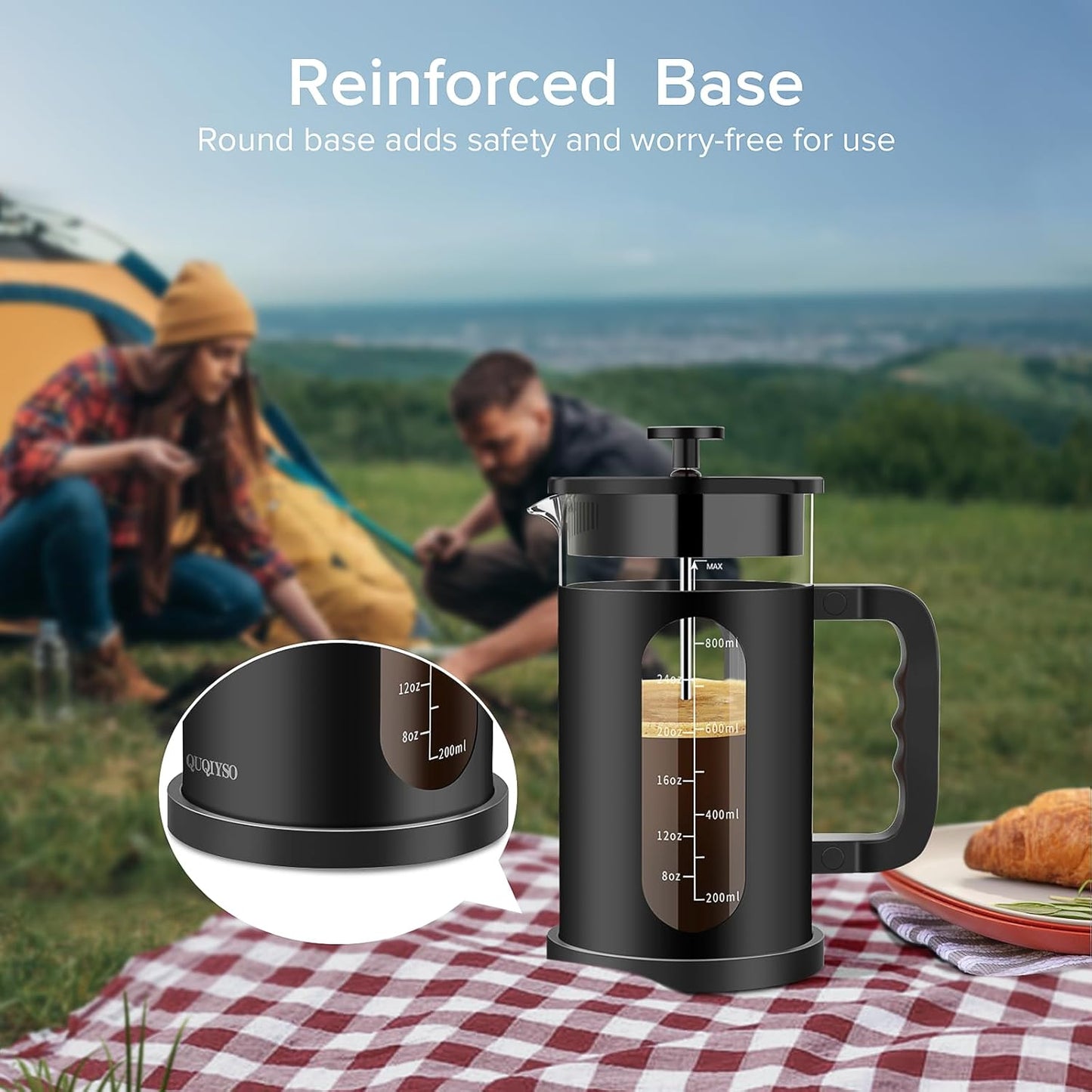 QUQIYSO French Press Coffee Maker, 304 Stainless Steel French Press with 4 Filter, Heat Resistant Borosilicate Glass, Easy to Clean, BPA Free Coffee Press Rust-Free Coffee Maker, 34 ounce, Black