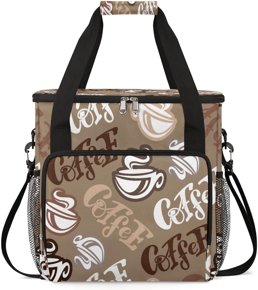 Coffee Time Coffee Maker Carring Bag Hand Drawn Coffee Travel Carrying Storage Tote Bag Compatible with Keurig K-Mini or K-Mini Plus Portable Single Serve Coffee Brewer Case with Pockets for K-cup Pods