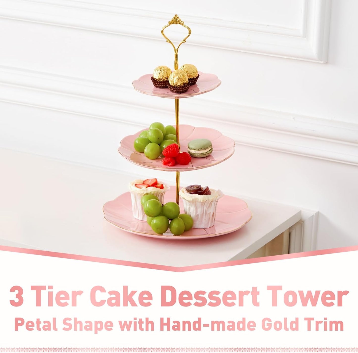 DUJUST Luxury Porcelain 3-Tier Cupcake Stand Tower, British Style Serving Tray with Golden Trim, Food Grade Dessert Display Stand, Beautiful Gift for Tea Party & Home Décor - Pink
