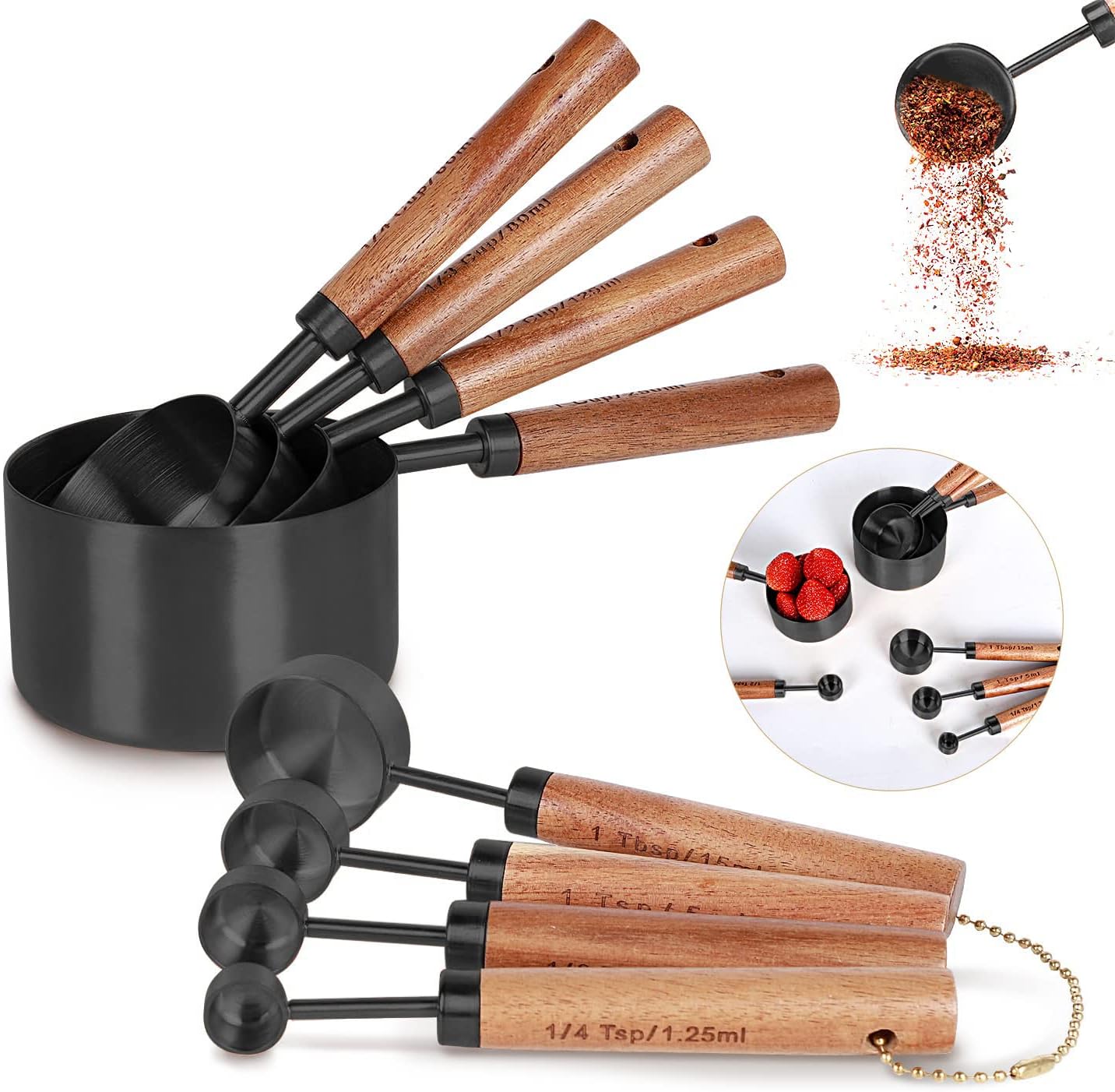 Collection 8 Piece Black Measuring Cups Set and Measuring Spoons, Golden With fragrant wood Handles-Complete Set of Measure Cups and Spoons For Cooking and Baking.