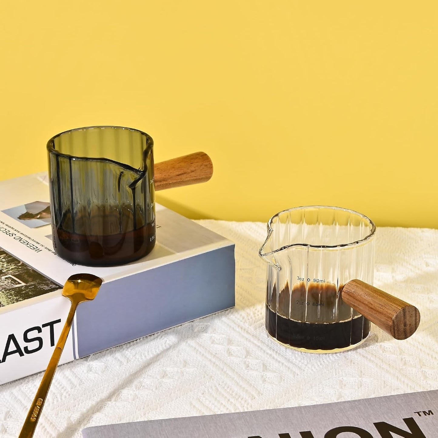 Glass Measuring Cup, 3oz Espresso Shot Glass with Wood Handle, Single Spout Measuring Cups Pitcher Milk Cup Coffee Shot Glasses (Gray Ribbed)