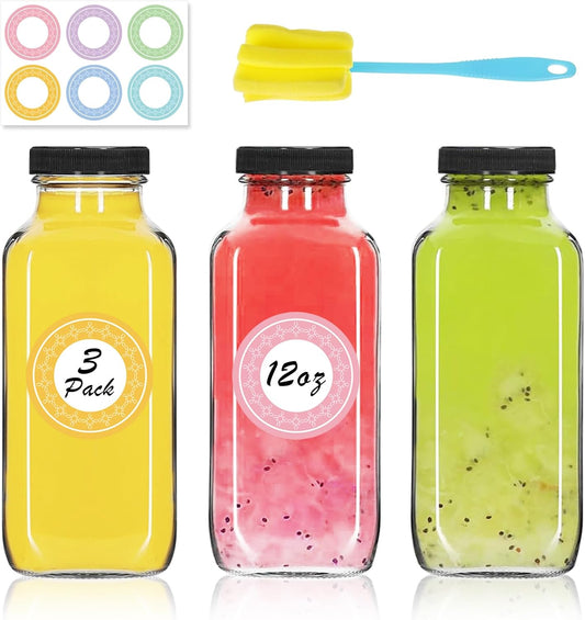 3 Pack 12oz Glass Water Bottles, 350ml Empty Glass Juice Bottles with Black Lids, Brush & Labels, Clear Reusable Drinking Jars for Juicing, Homemade Smoothies, Beverages