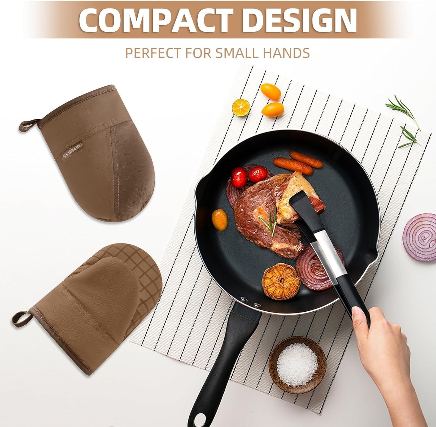 Mini Oven Mitts, Kitchen Oven Gloves Kitchen Mittens 500 Degrees Heat Resistant Baking Gloves, Non-Slip Silicone Surface with Hanging Loops Hot Gloves for Cooking, Baking, BBQ 1 Pair-Brown