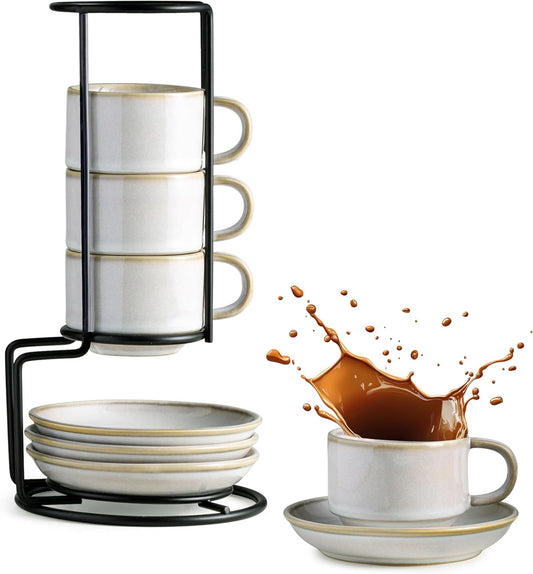 Gomakren 2.5 Ounce Espresso Cups Set of 4, Small Stackable Coffee Cups with Saucers and Metal Stand, Porcelain Demitasse Cups for Specialty Coffee Drinks, Espresso, Cappuccino, Latte, Tea, White