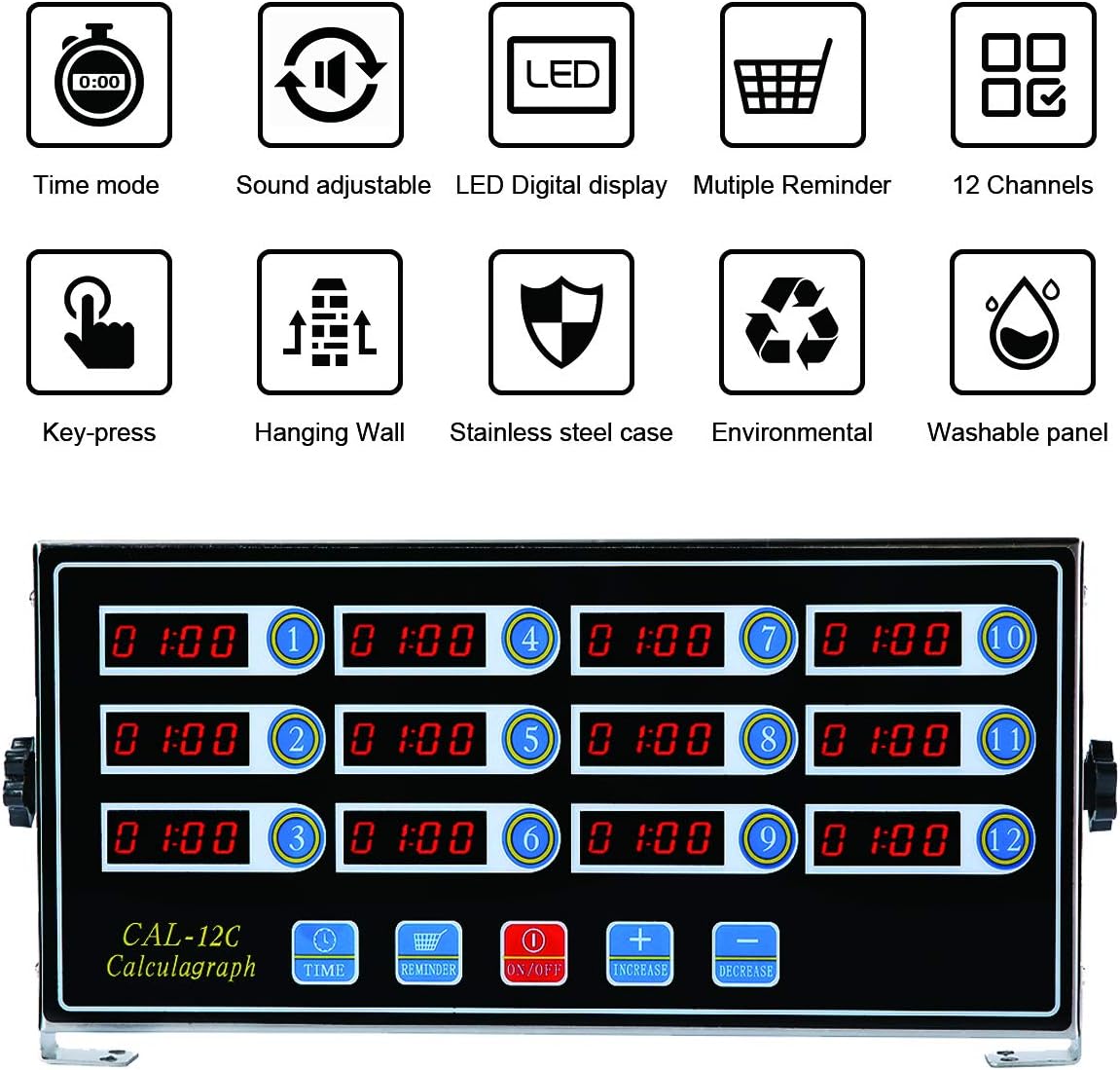 Kitchen Timers for Cooking, 12 Channel, Commercial Grade, Stainless Steel, LED Digital, Loud Alarm